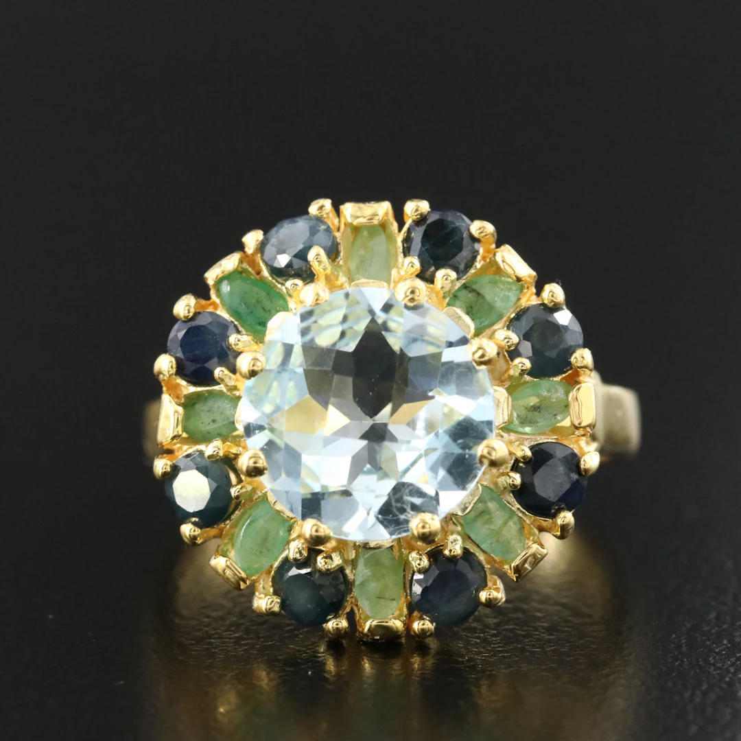 Sterling Blue Topaz, Sapphire and Emerald Ring