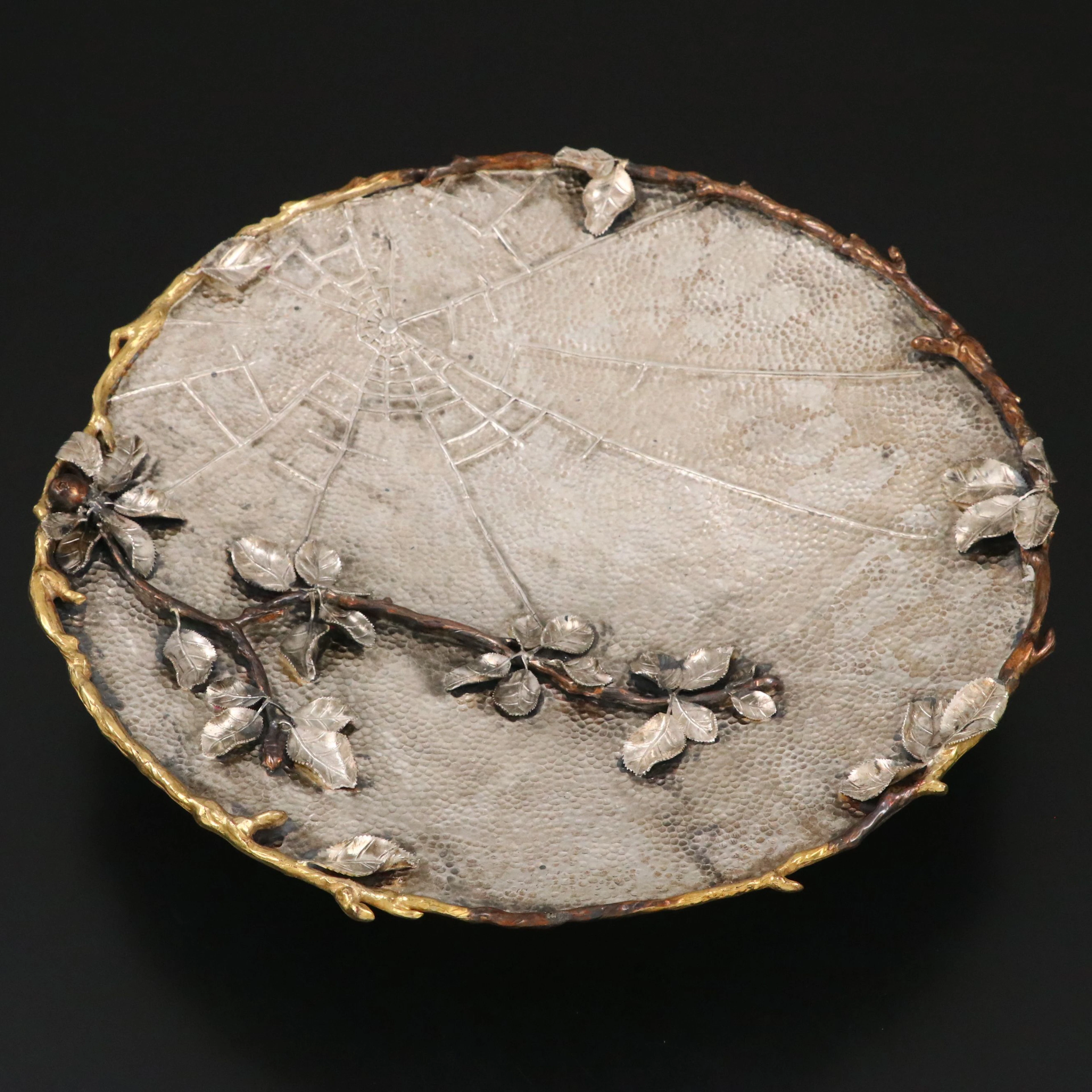 Gorham Aesthetic Movement Sterling Silver and Mixed Metal Spider Web Tray