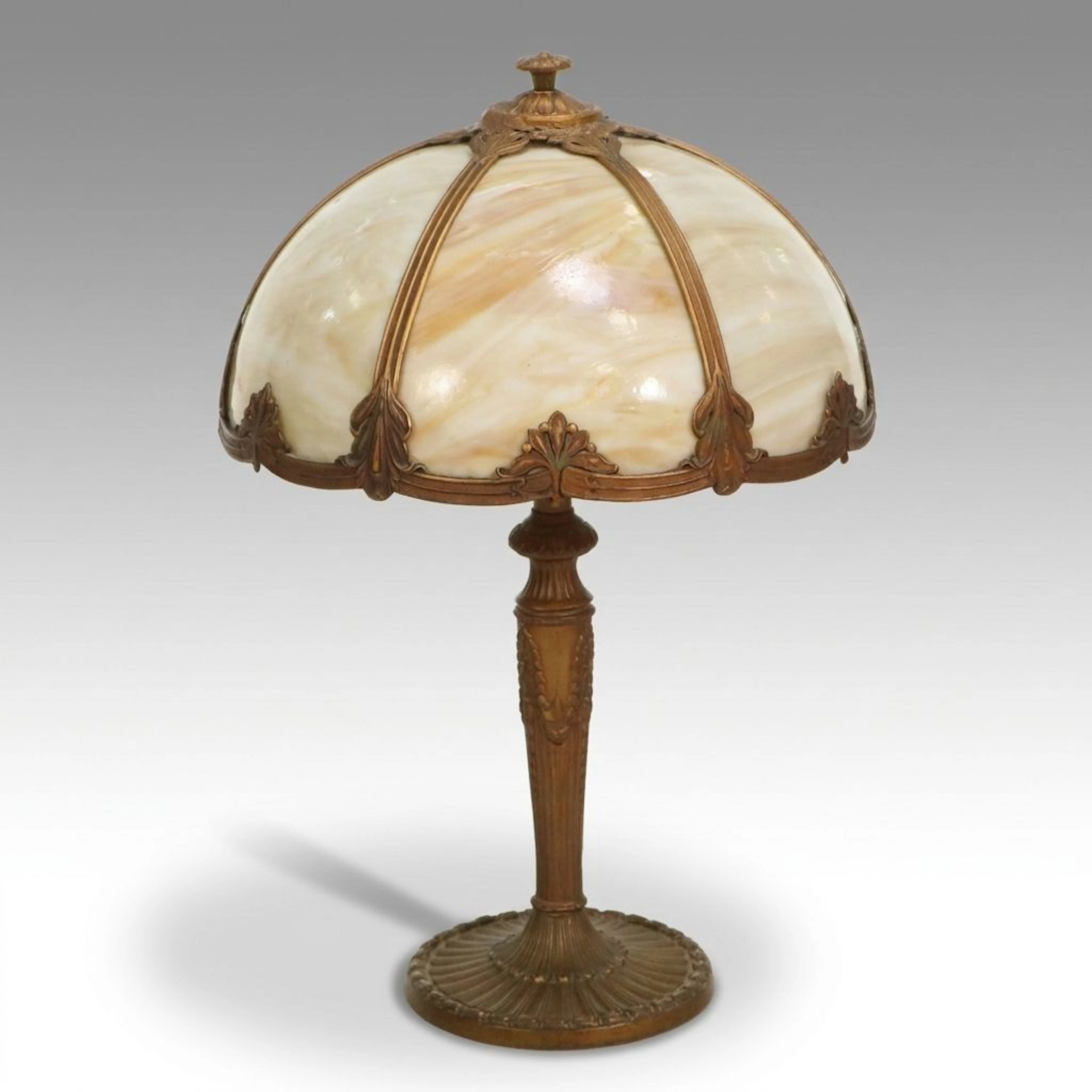 Art Nouveau Painted Spelter Table Lamp with Bent Panel Slag Glass Shade