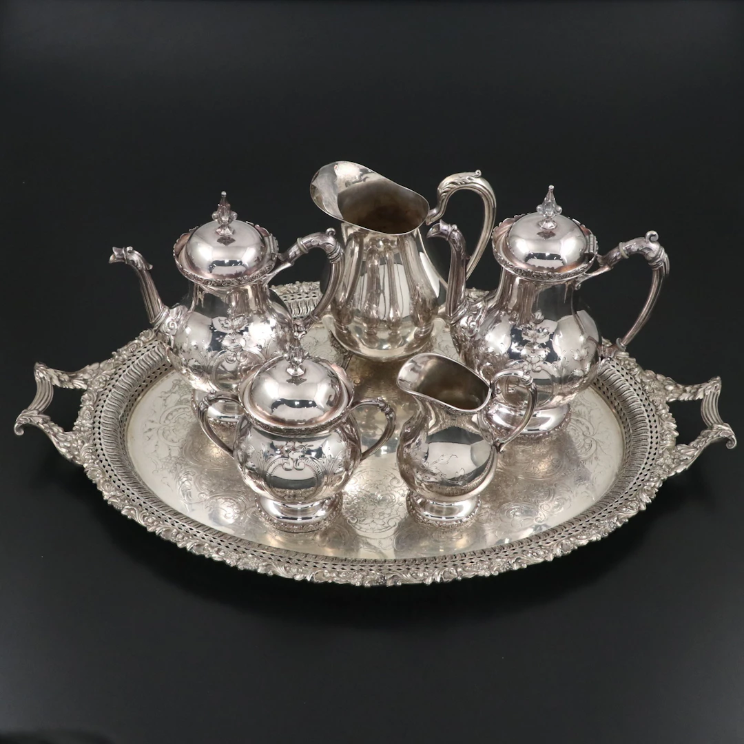 Manhattan Plate Co. Tea Set and Barker-Ellis Silver Plate Serving Tray