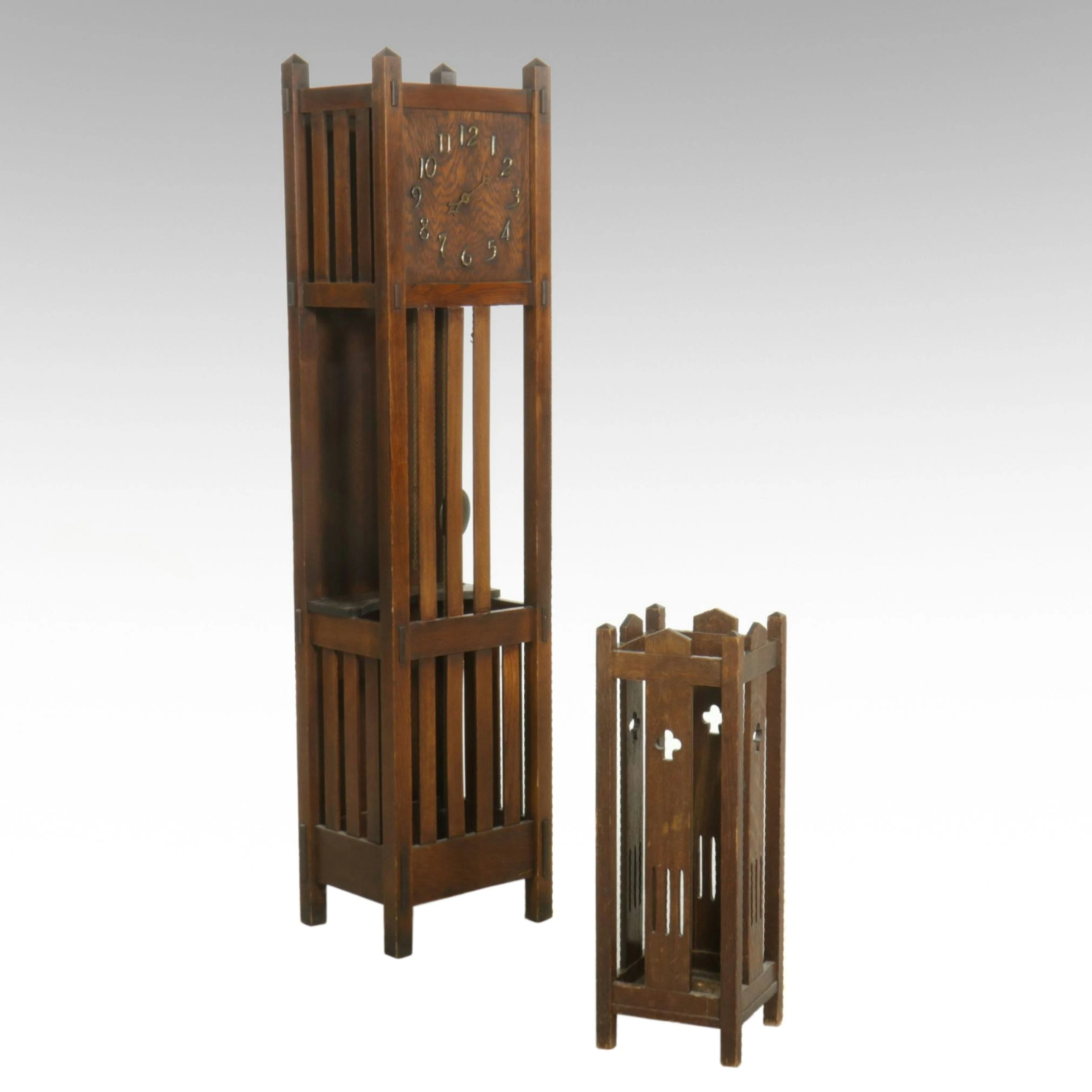 Arts and Crafts Style Oak Grandfather Clock with Clock Stand
