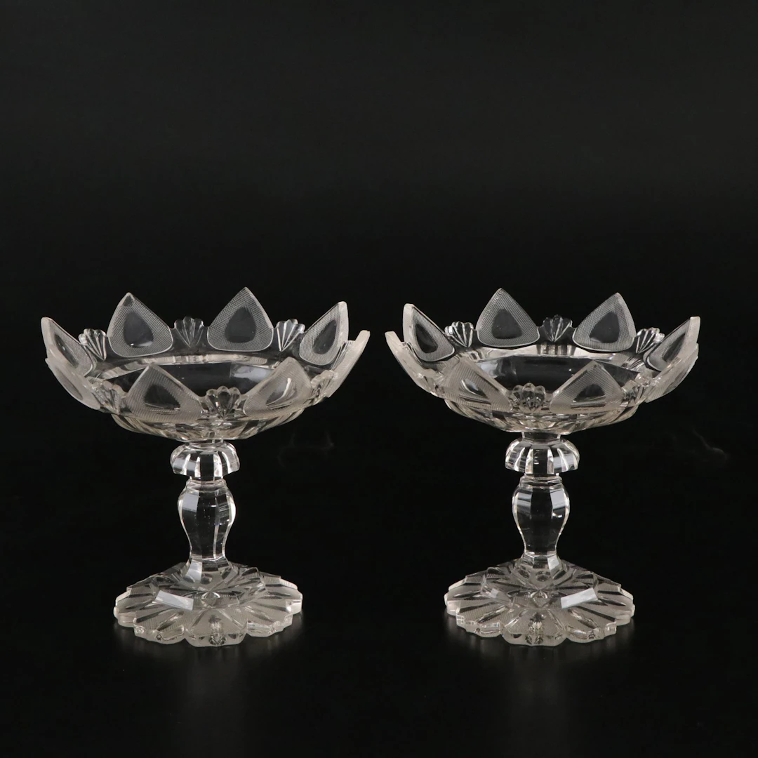 Pair of Glass Pedestal Compotes with Scalloped and Frosted Rims