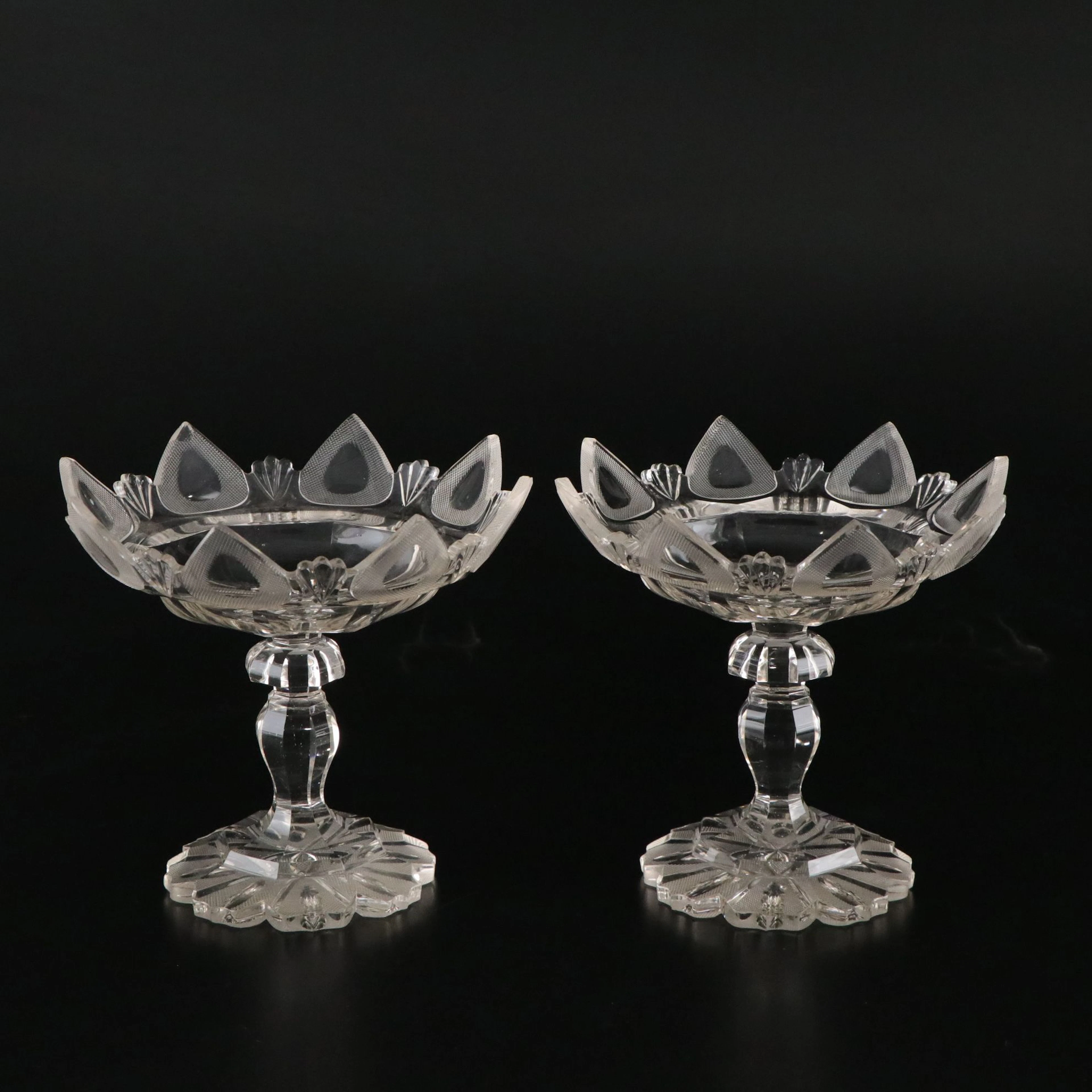 Pair of Glass Pedestal Compotes with Scalloped and Frosted Rims