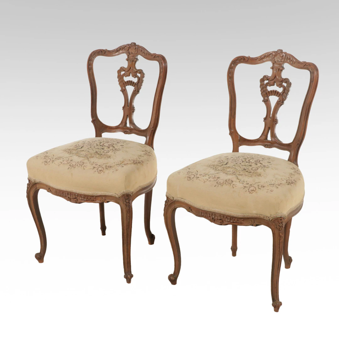 Pair of Louis XV Style Carved Hardwood Salon Chairs, Early 20th Century