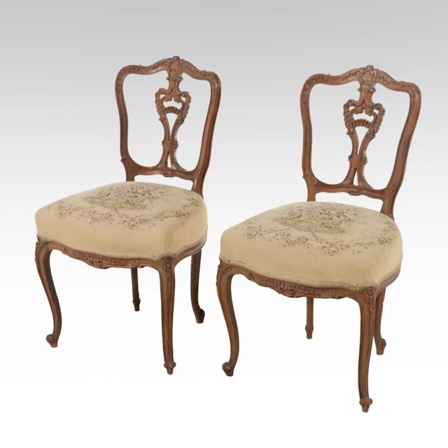 Pair of Louis XV Style Carved Hardwood Salon Chairs, Early 20th Century