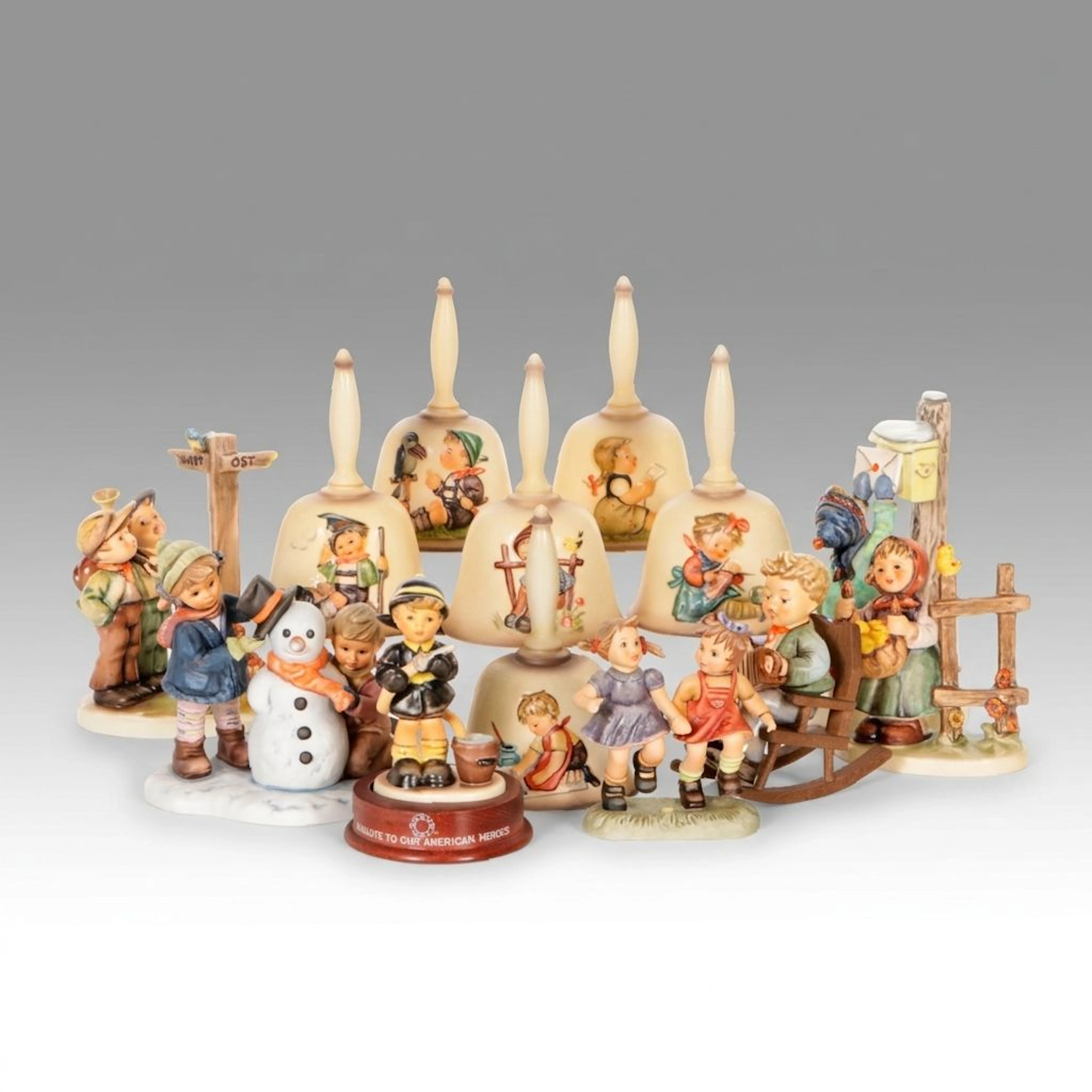 M.I. Hummel Porcelain Bells and "Crossroads," Letter to Santa," &