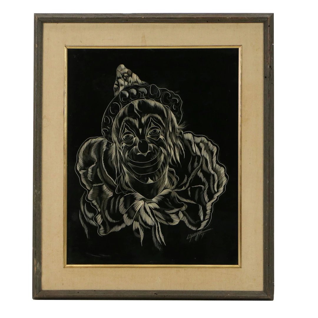 Louis Spiegel Scratchboard Drawing of Clown, 1967