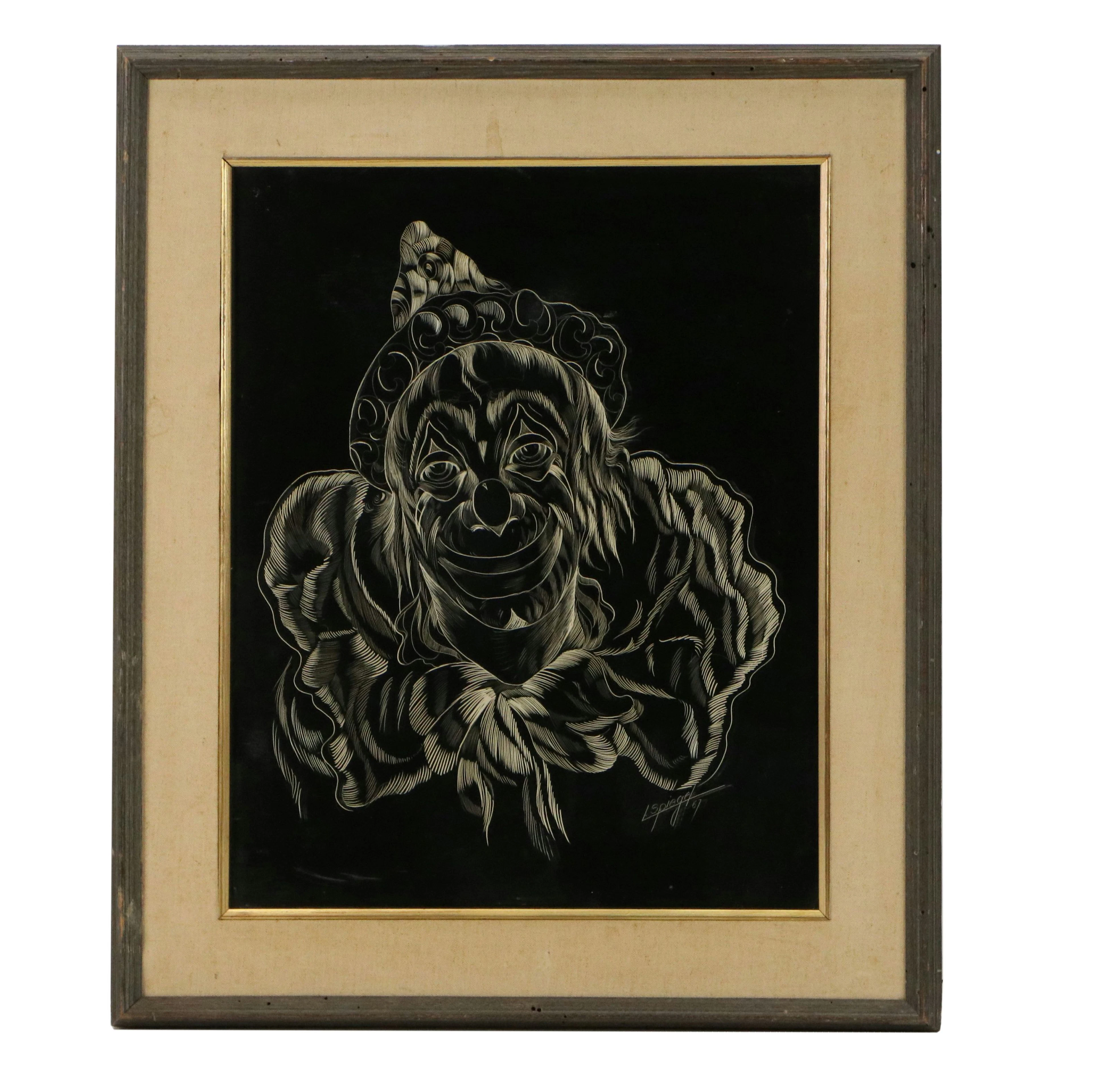 Louis Spiegel Scratchboard Drawing of Clown, 1967