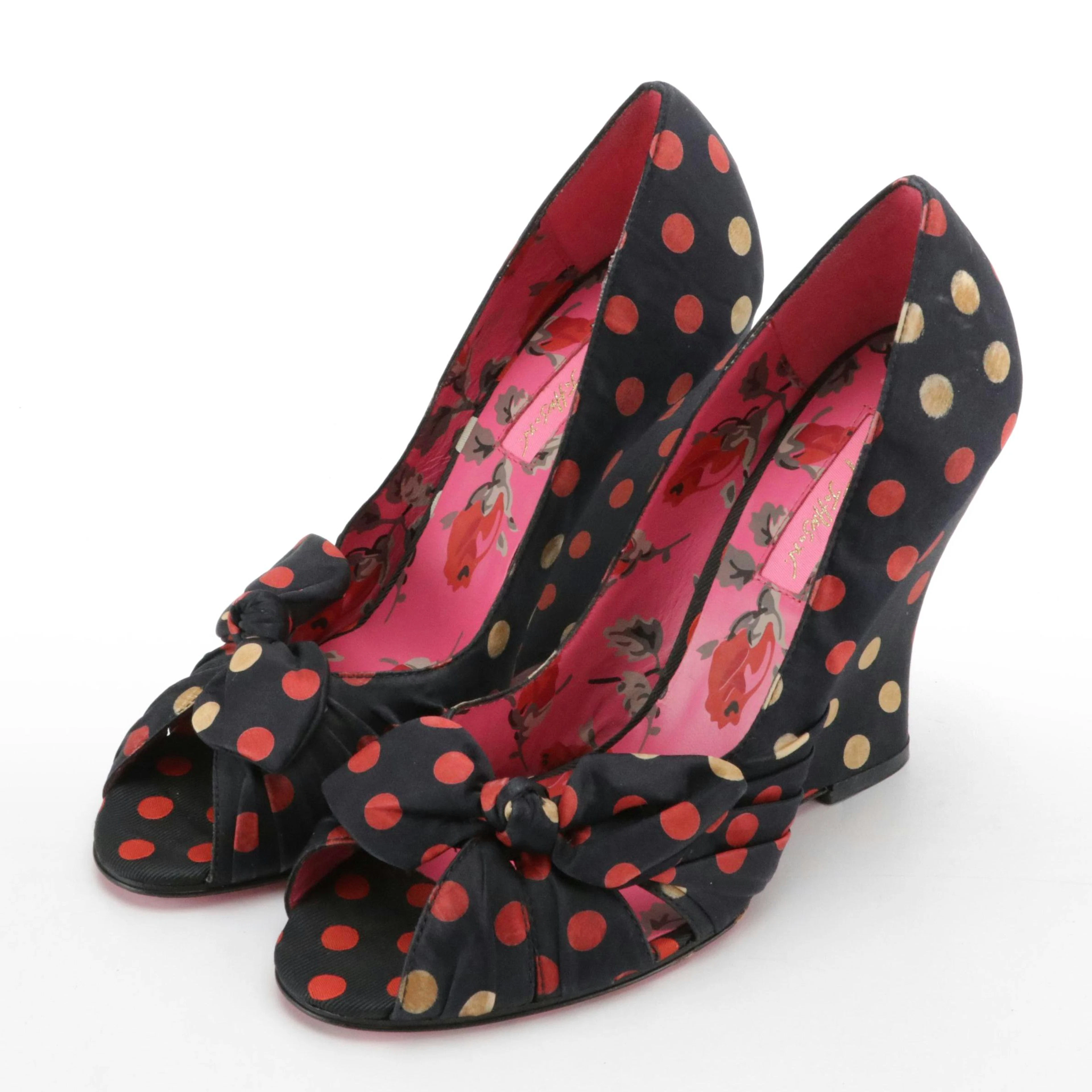 Betsey Johnson "Lydia" Polka-Dot Satin Peep-Toe Wedges