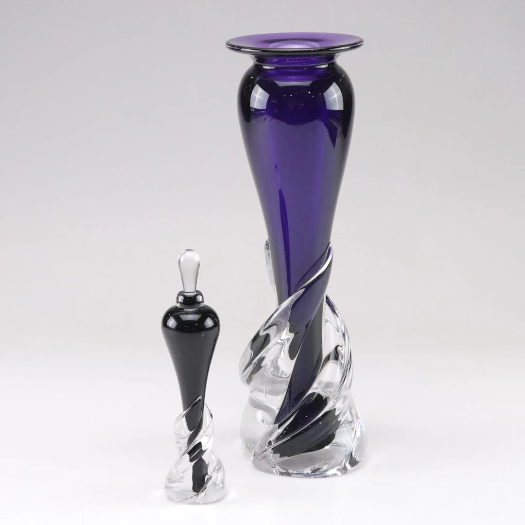 Matthew Buechner Signed Art Glass Perfume Bottle and Vase