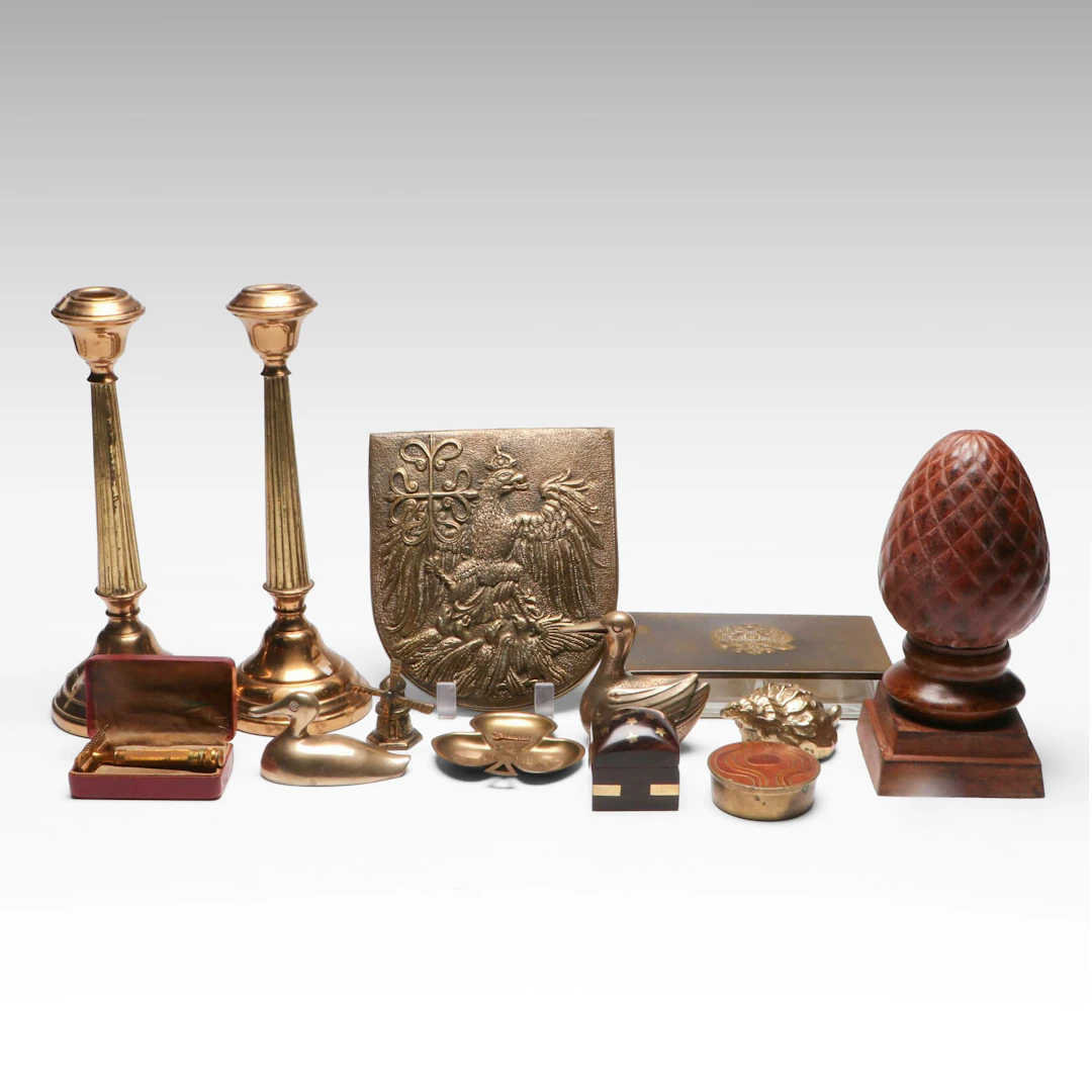 Bronze Armorial Eagle Plaque with Two-Tone Candlesticks and More Décor