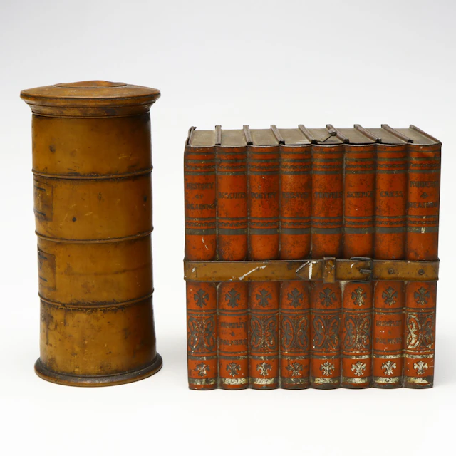 Antique Tin Trompe l'Oeil Book Box and Treen Spice Tower