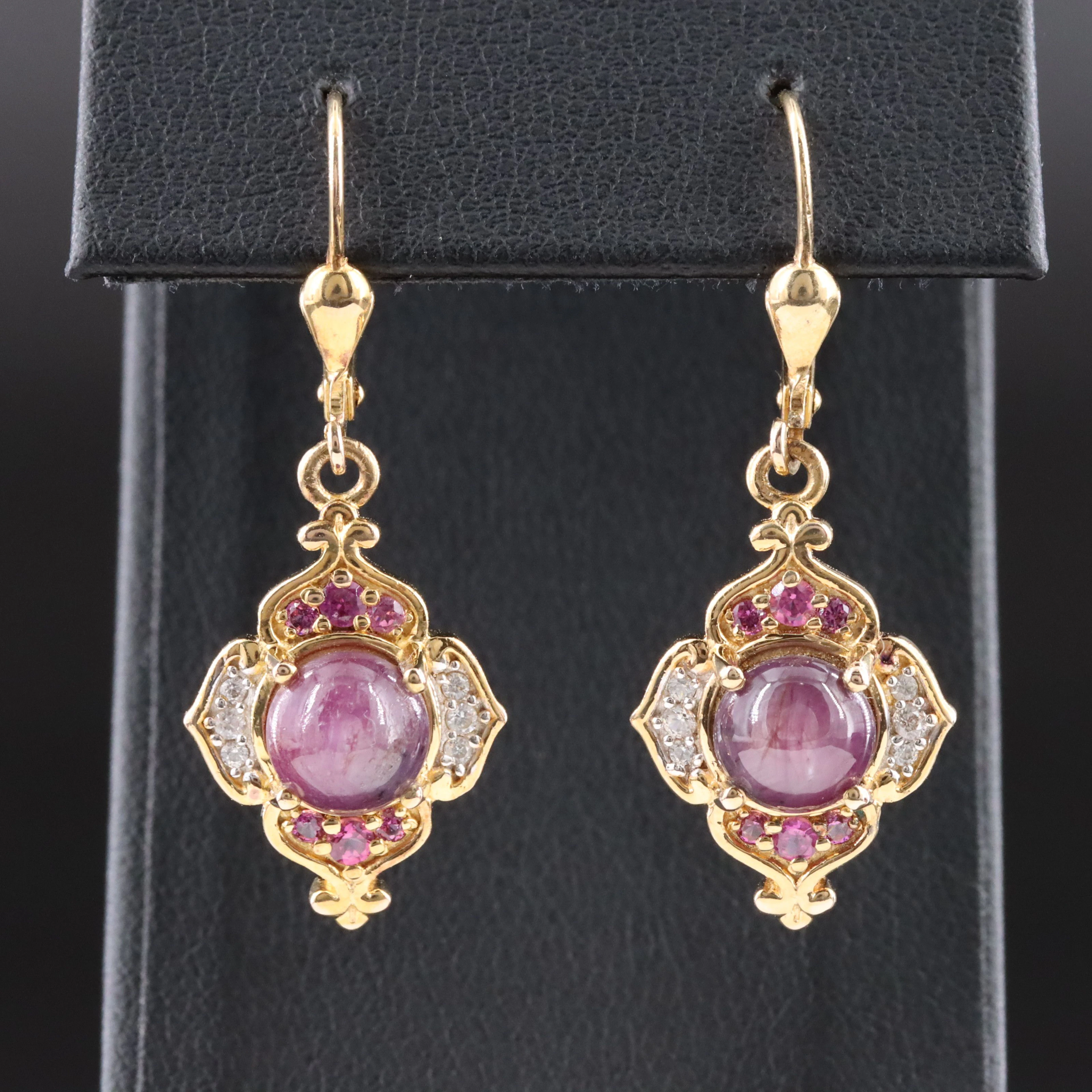 Sterling Star Sapphire, Ruby and White Zircon Floral Drop Earrings