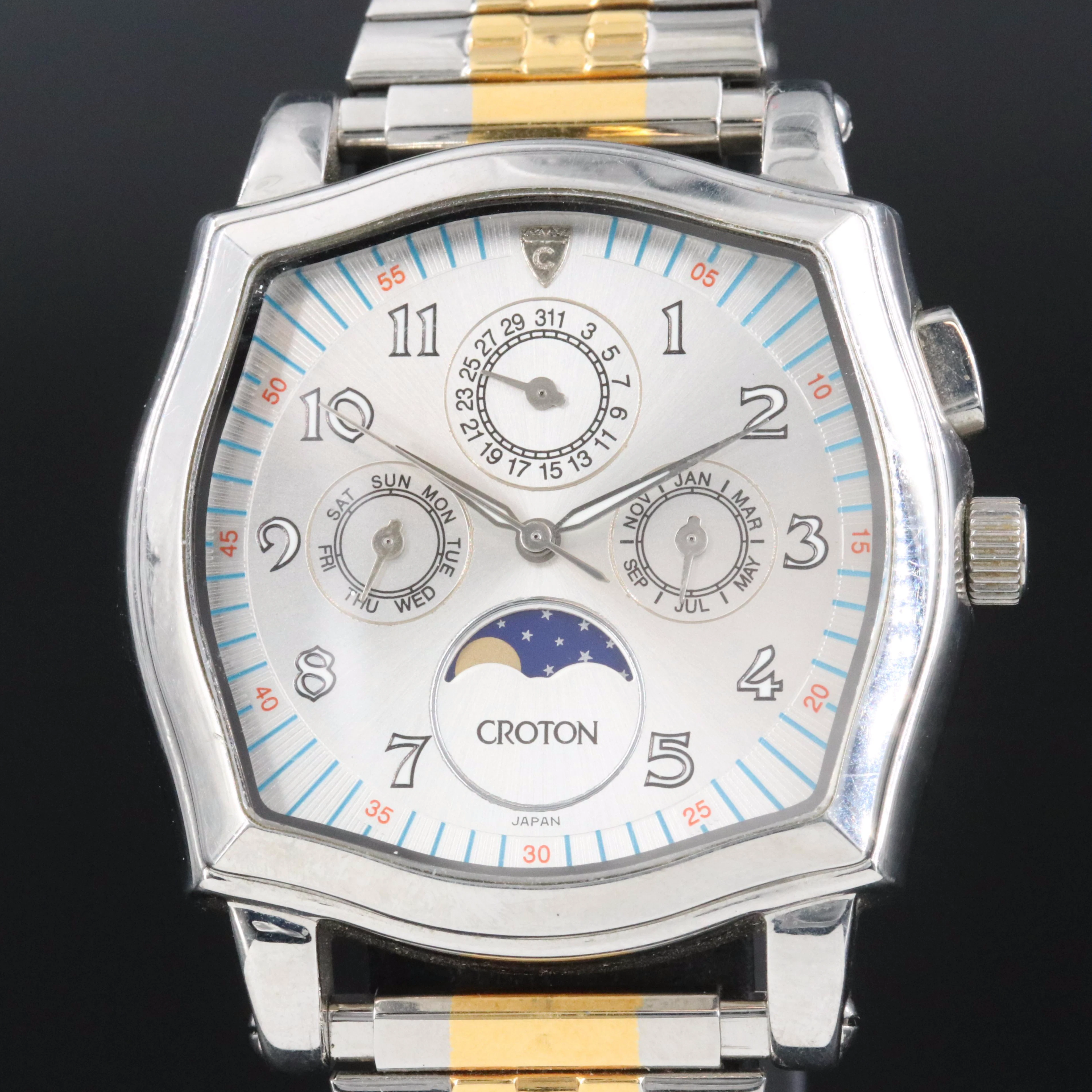 Croton Triple Date and Moon Phase Indicator Stainless Steel Quartz Watch
