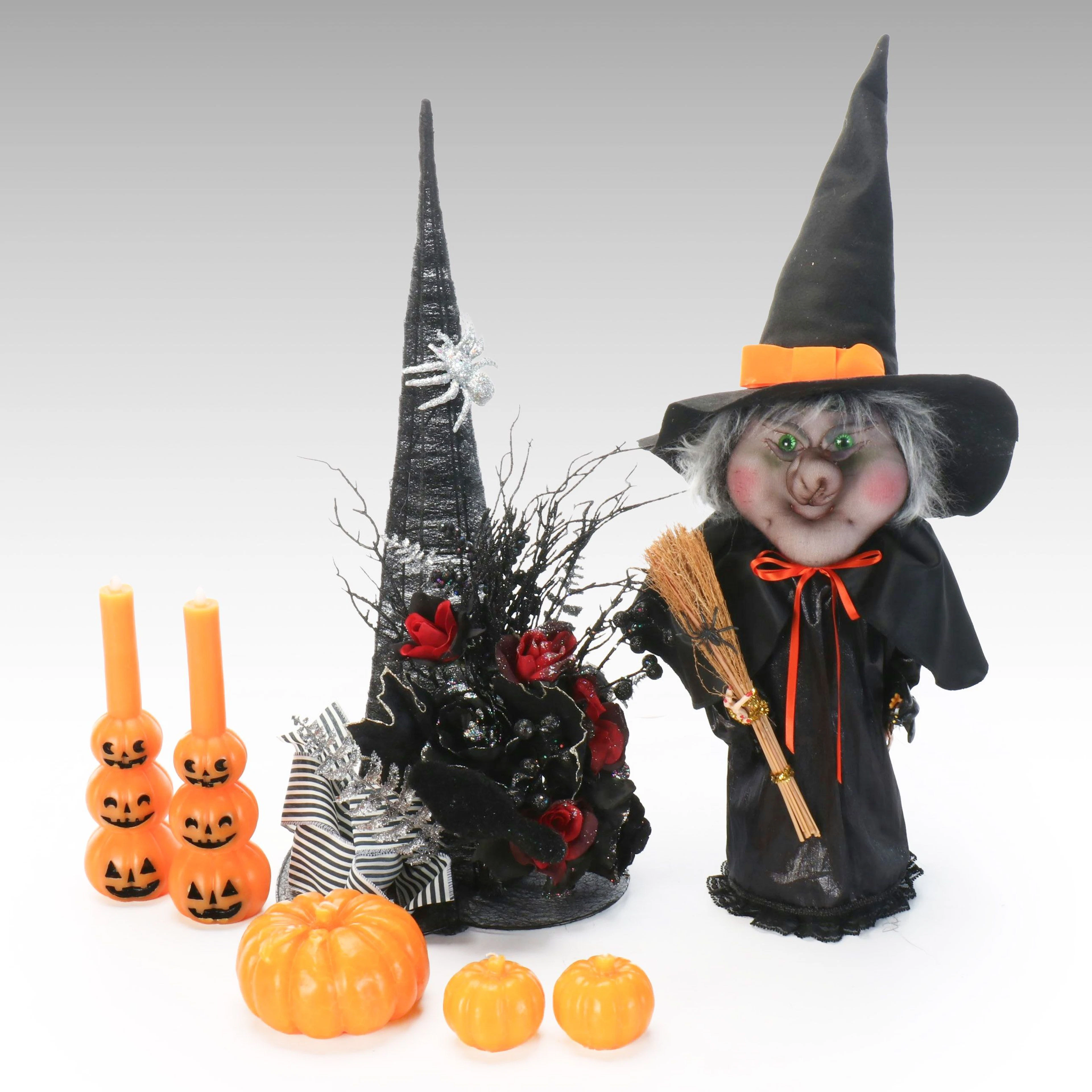 Halloween Witch and Hat Figurines with Pumpkin Candles, 21st Century