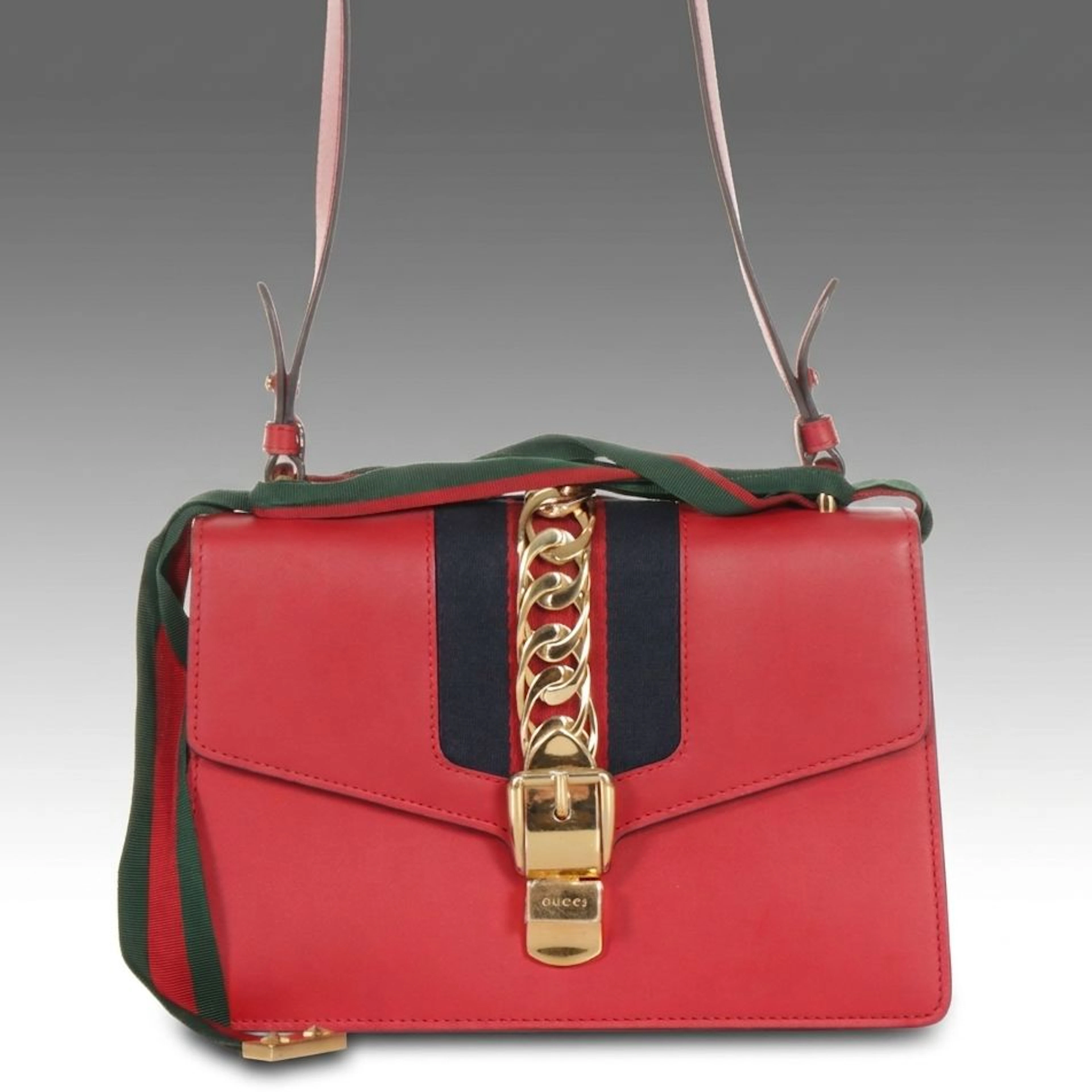 Gucci Sylvie Shoulder Bag in Web Striped Red Calfskin Leather