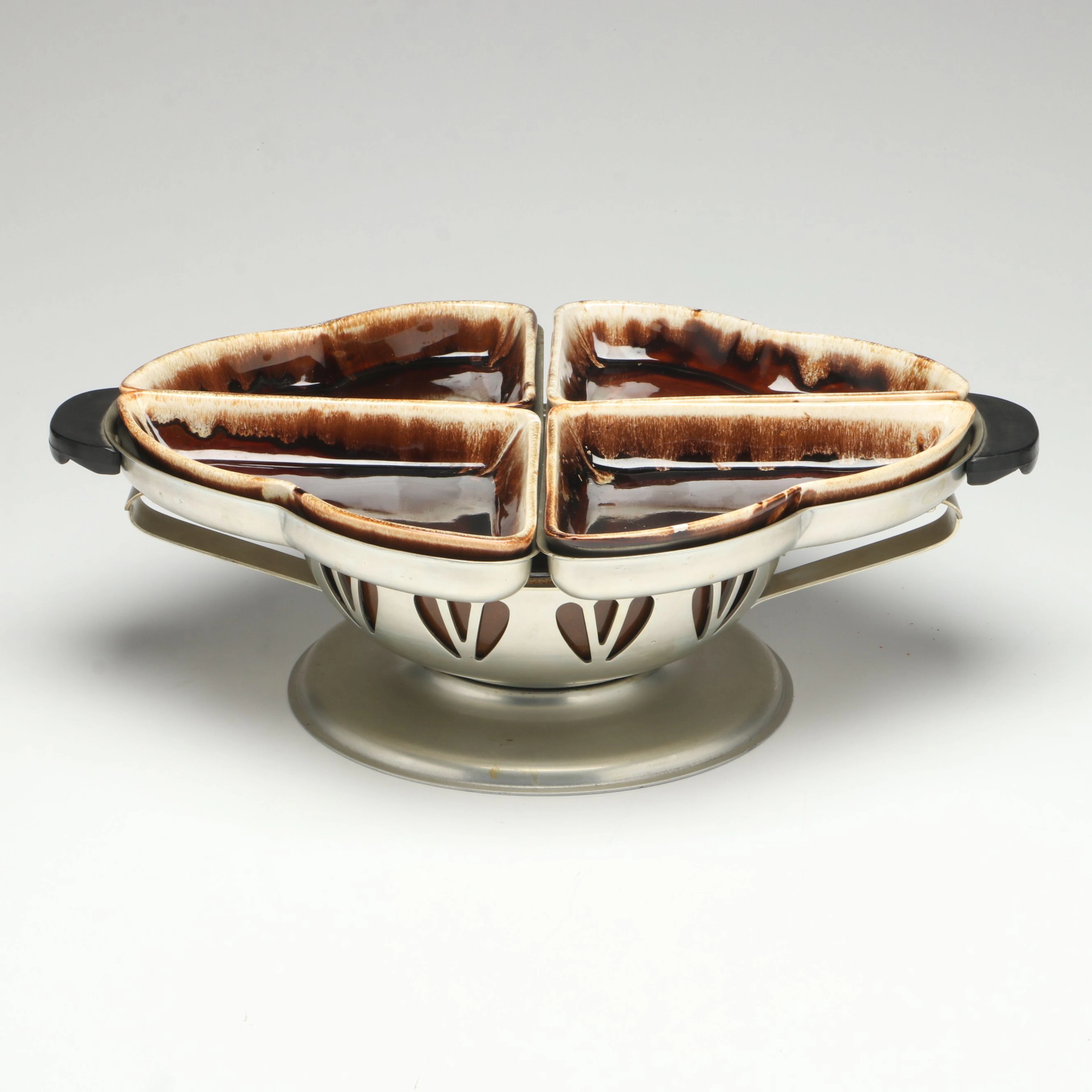 Karoff Originals Aluminum Lazy Susan with Brown Ceramic Serving Bowl and Dishes