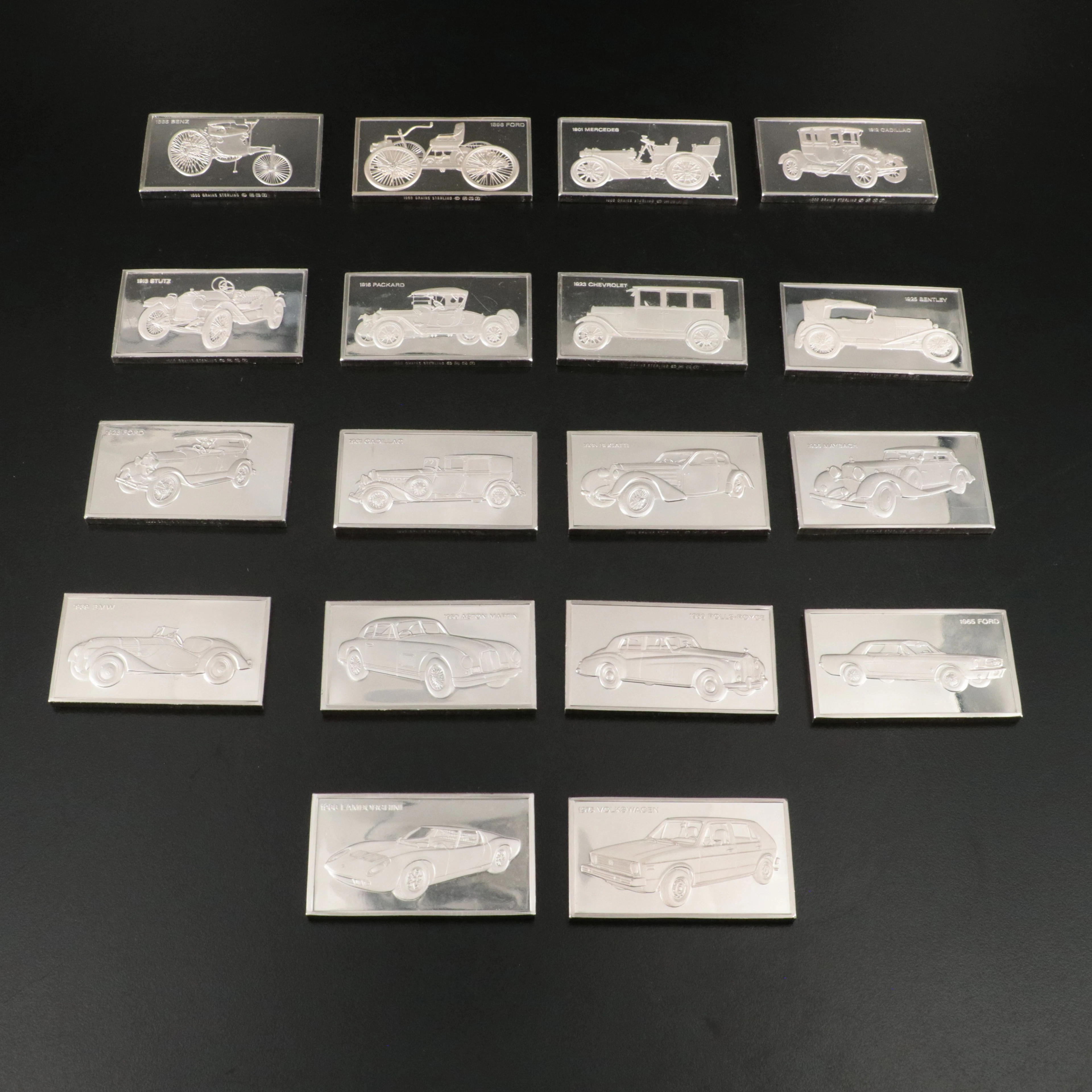 Eighteen Franklin Mint Classic Car-Themed Silver Ingots, Over 34 Troy Ounces