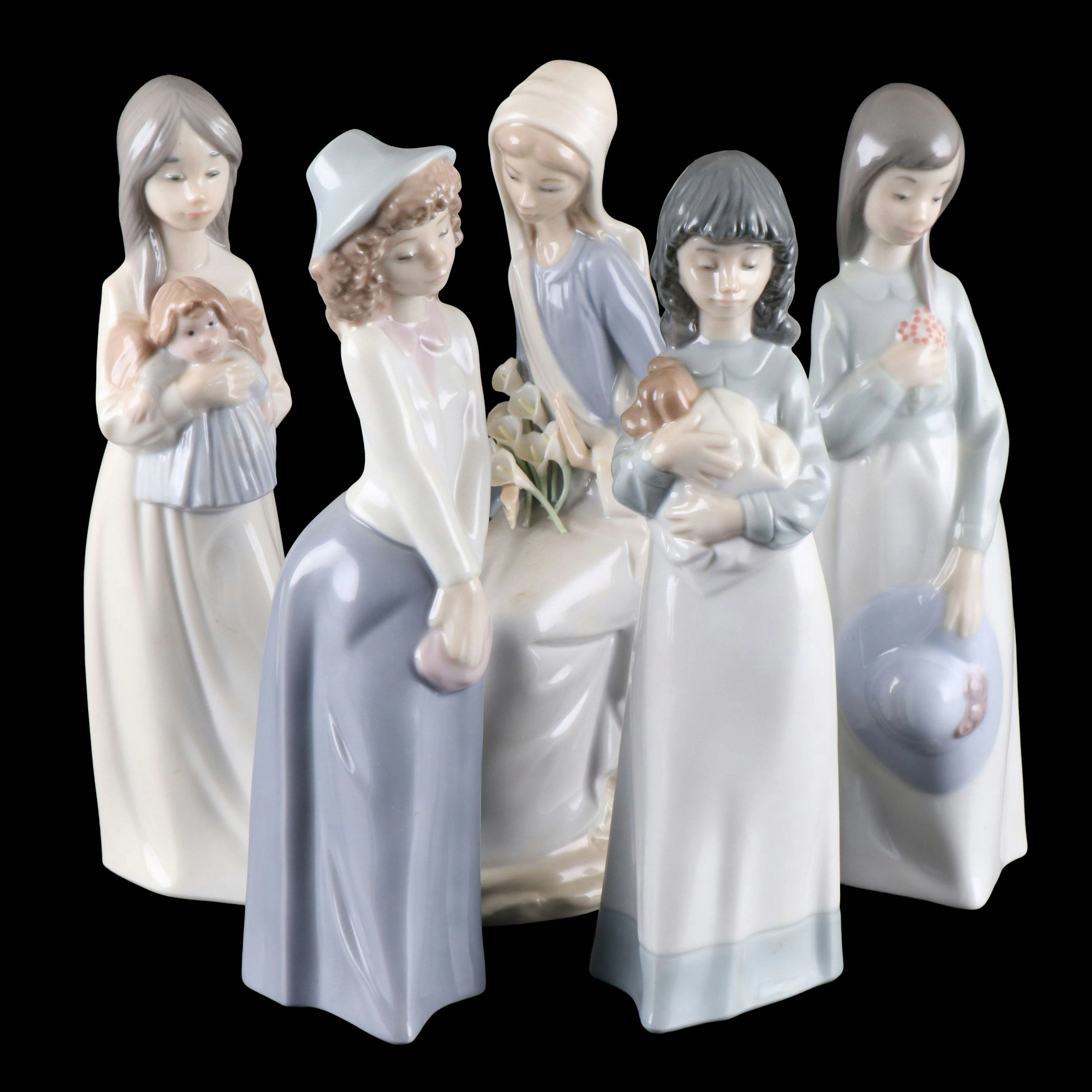 Lladro "Sitting Girl with Lilies" with NAO Porcelain Figurines