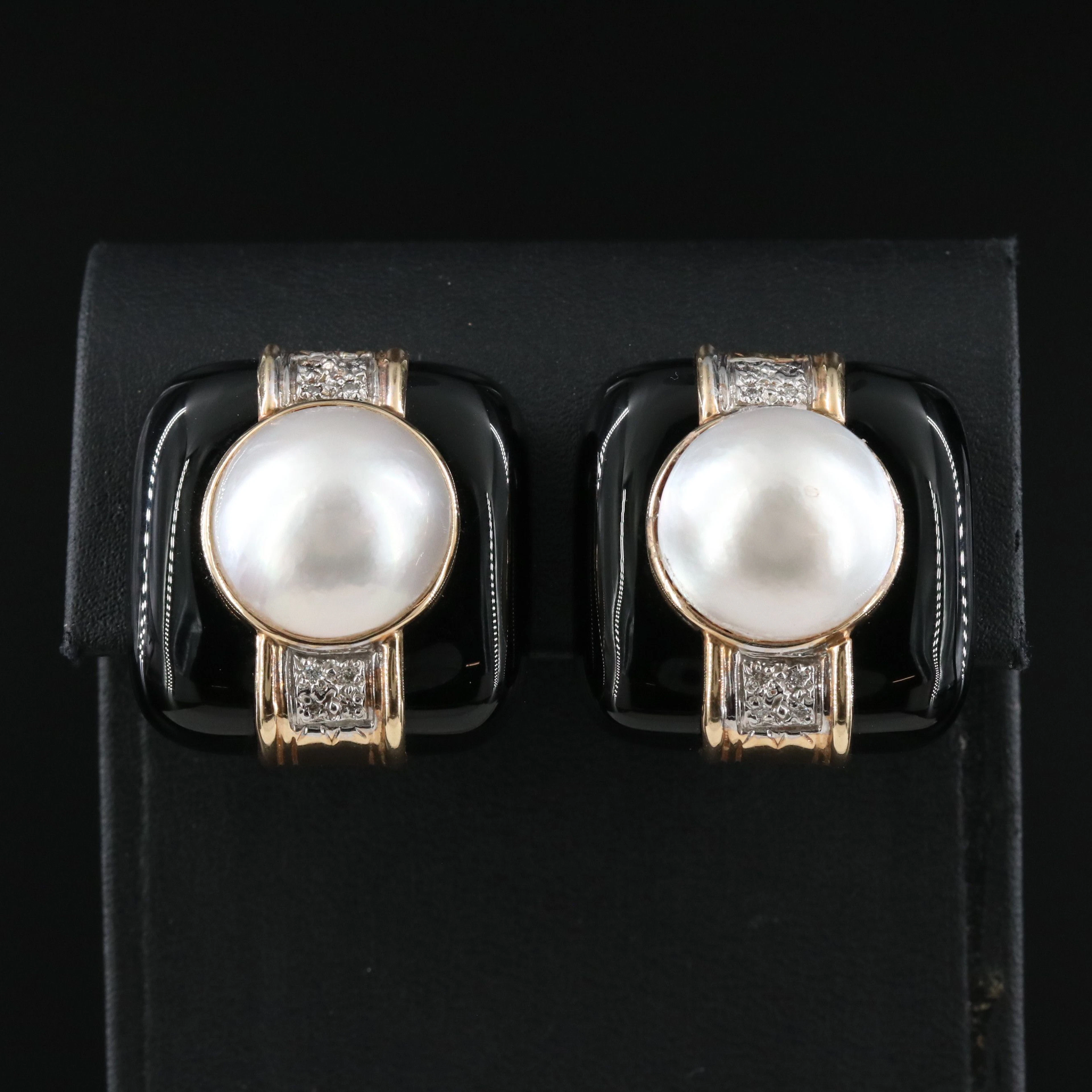 14K Black Onyx, Pearl and Diamond Clip Earrings