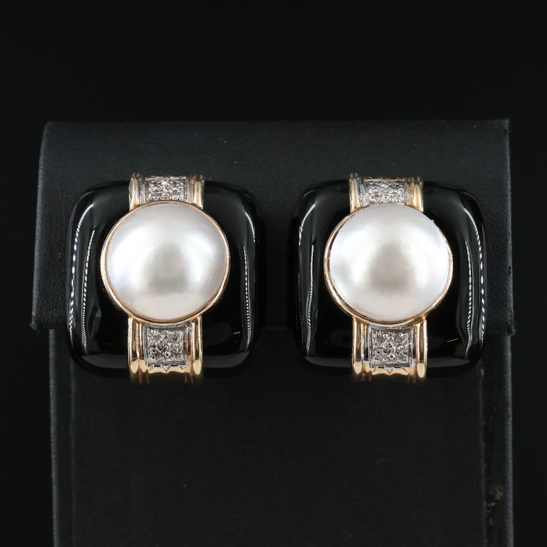 14K Black Onyx, Pearl and Diamond Clip Earrings
