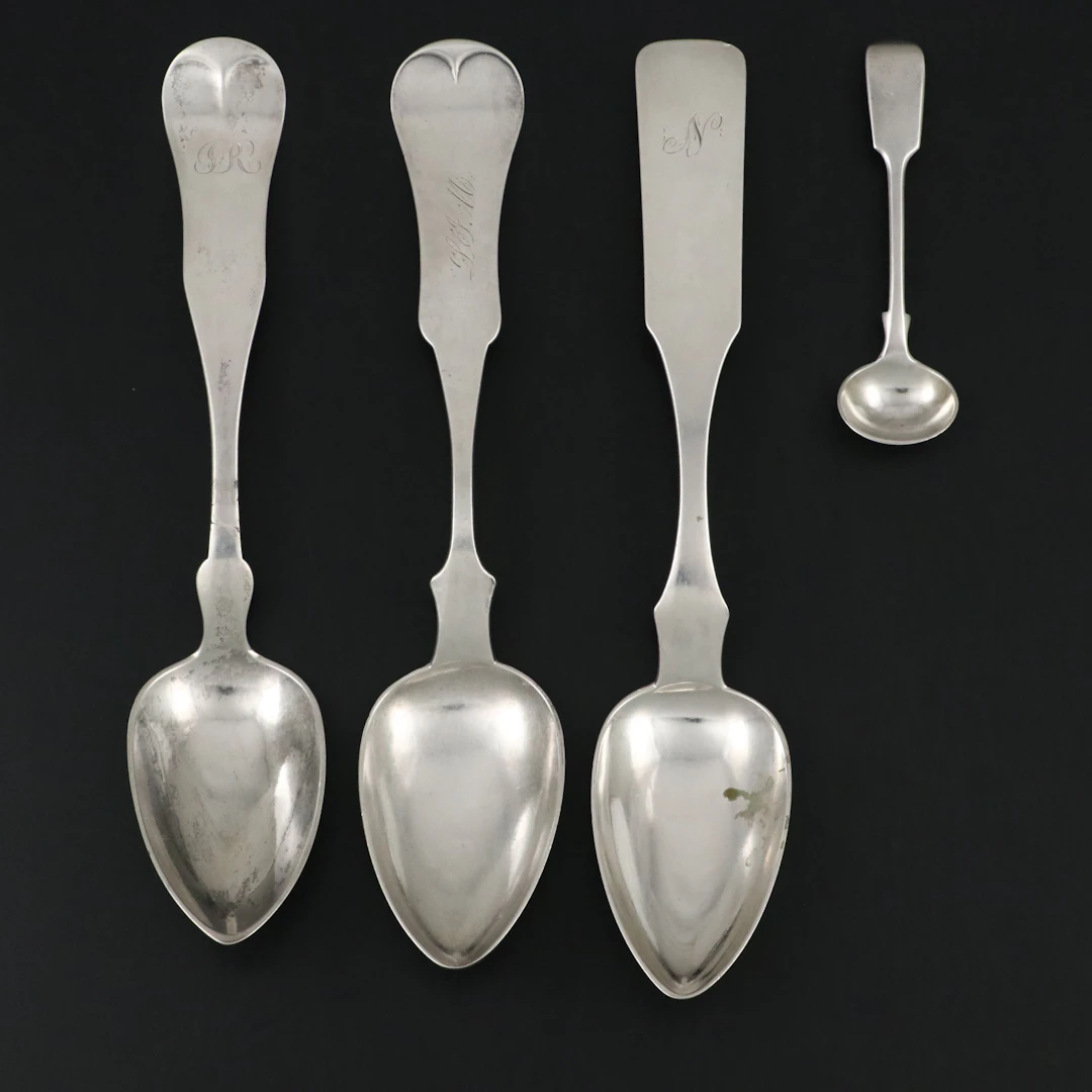 English Sterling Silver Salt Spoon with Coin Silver and 800 Silver Spoons