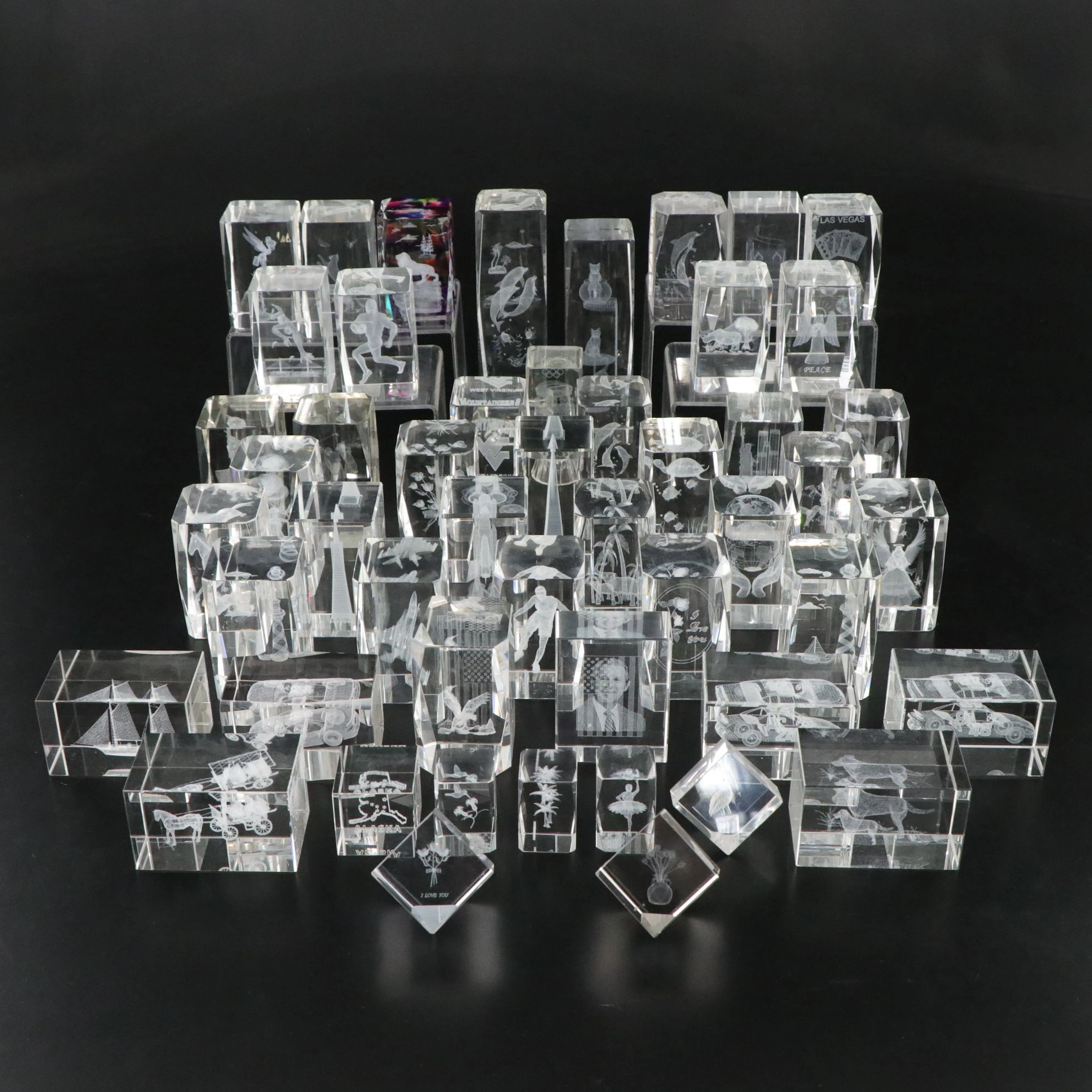 3D Etched Glass Paperweights with Cats, Tinkerbell, Race Cars, and Others
