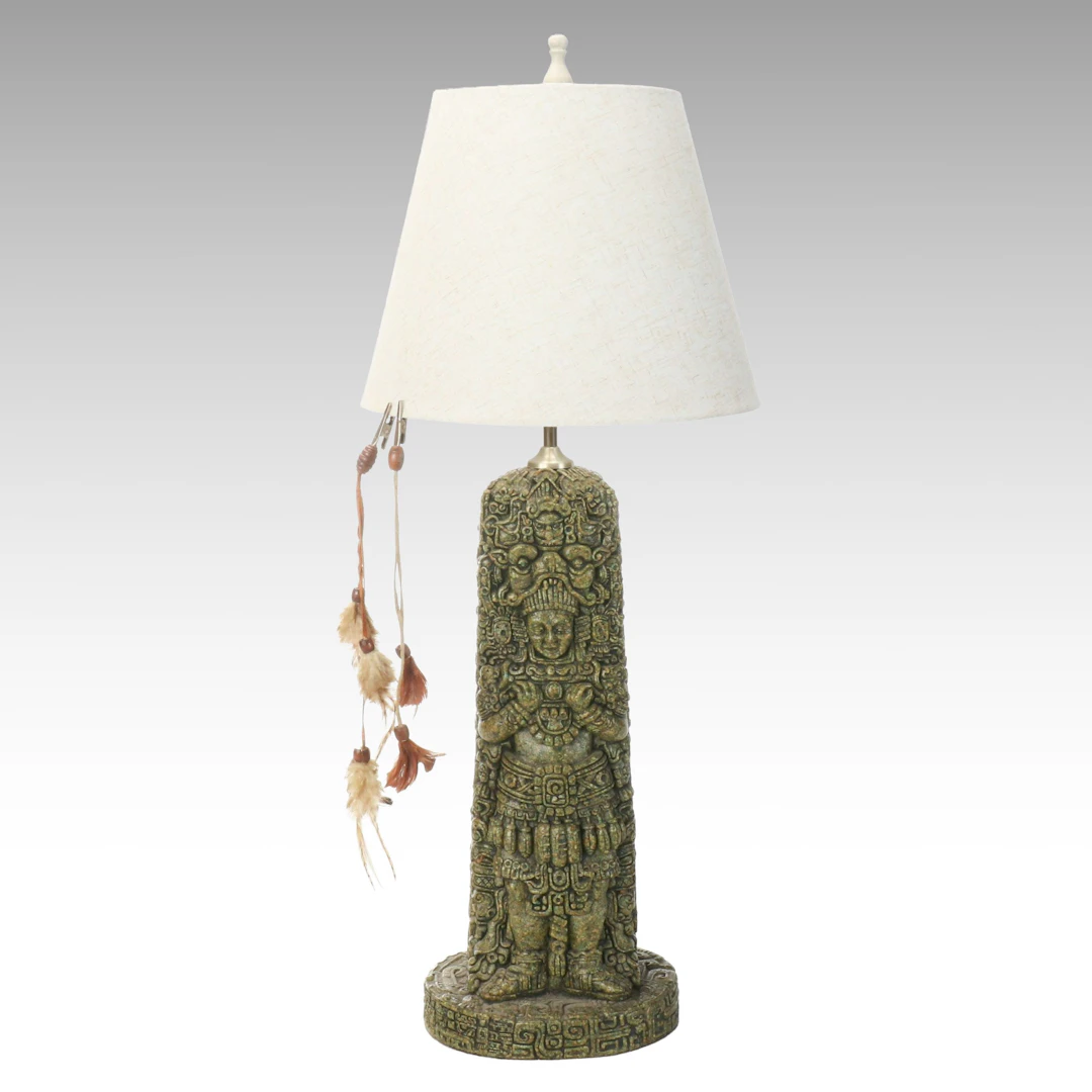 Mesoamerican Style Figural Table Lamp with Slubbed Bell Shade, 20th C.