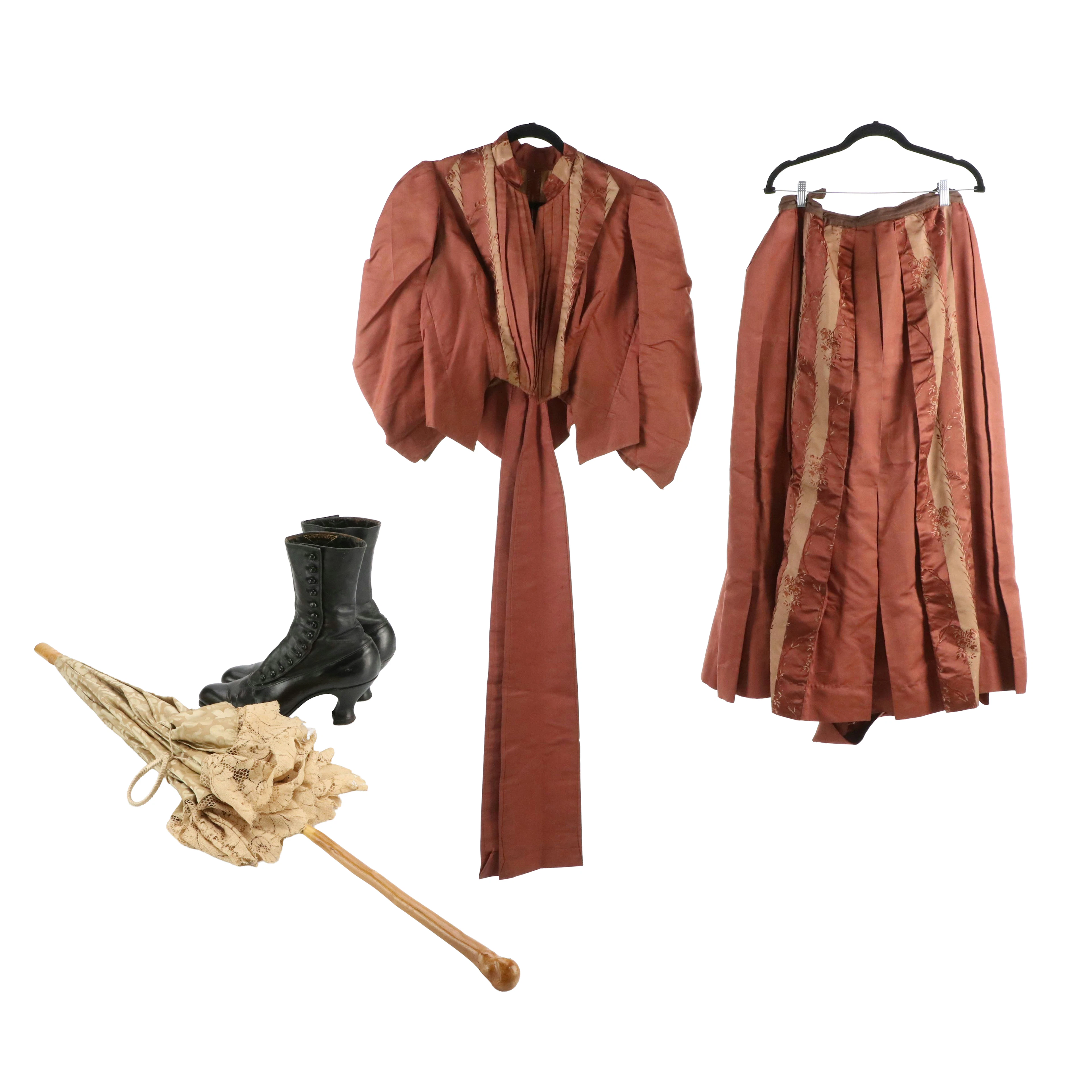 Late Victorian Walking Suit in Silk Faille with Button Boots and Parasol