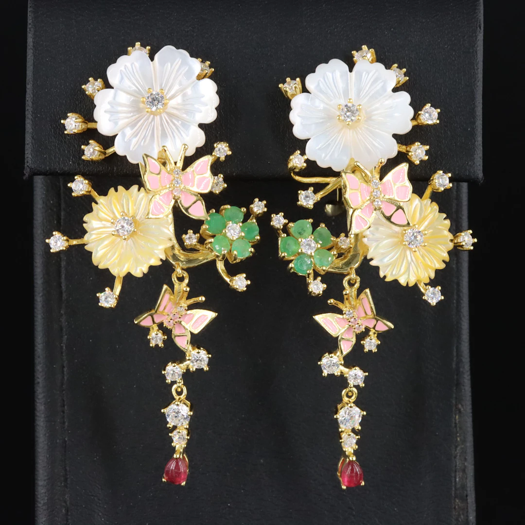 Sterling Emerald, Mother-of-Pearl and Enamel Flower Earrings