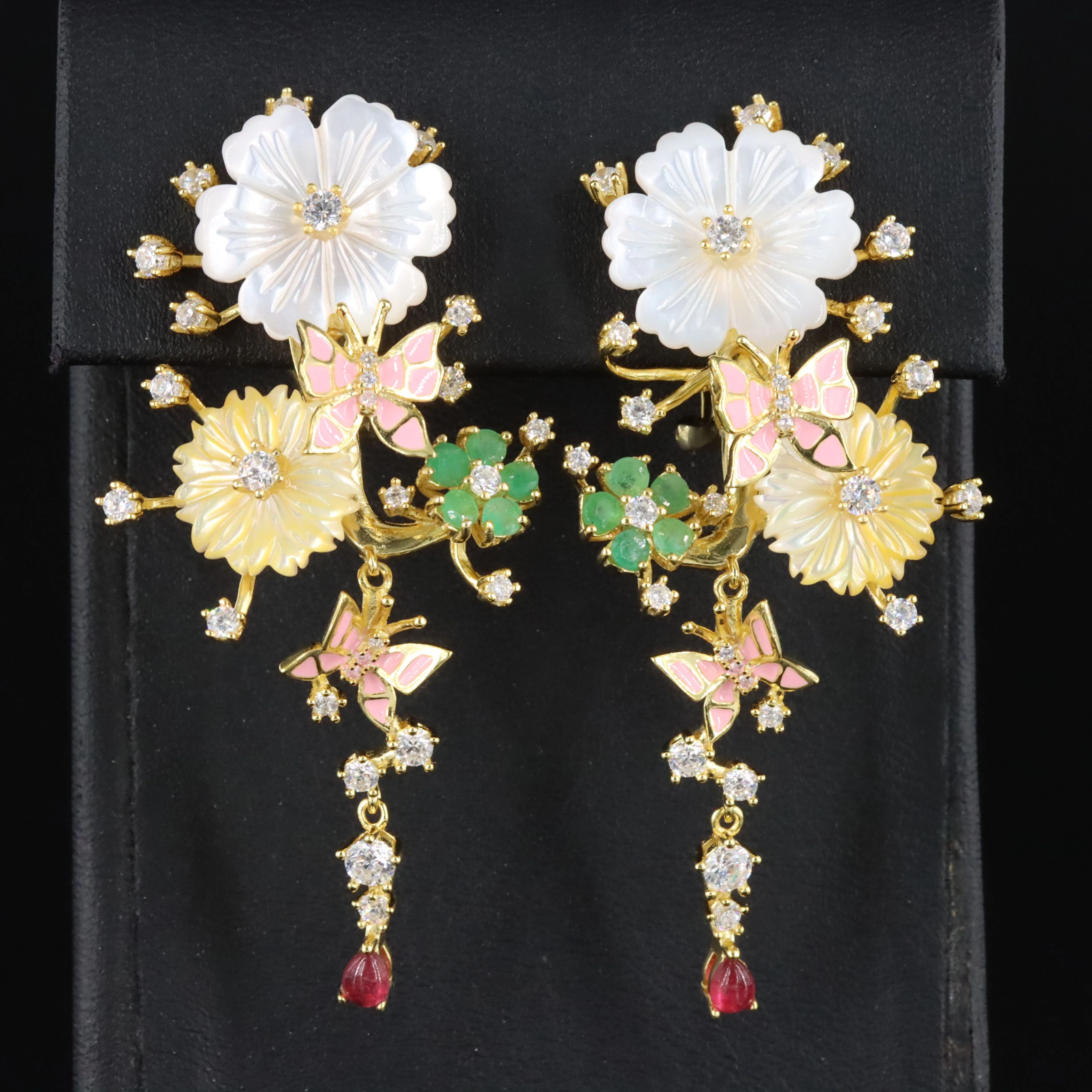 Sterling Emerald, Mother-of-Pearl and Enamel Flower Earrings