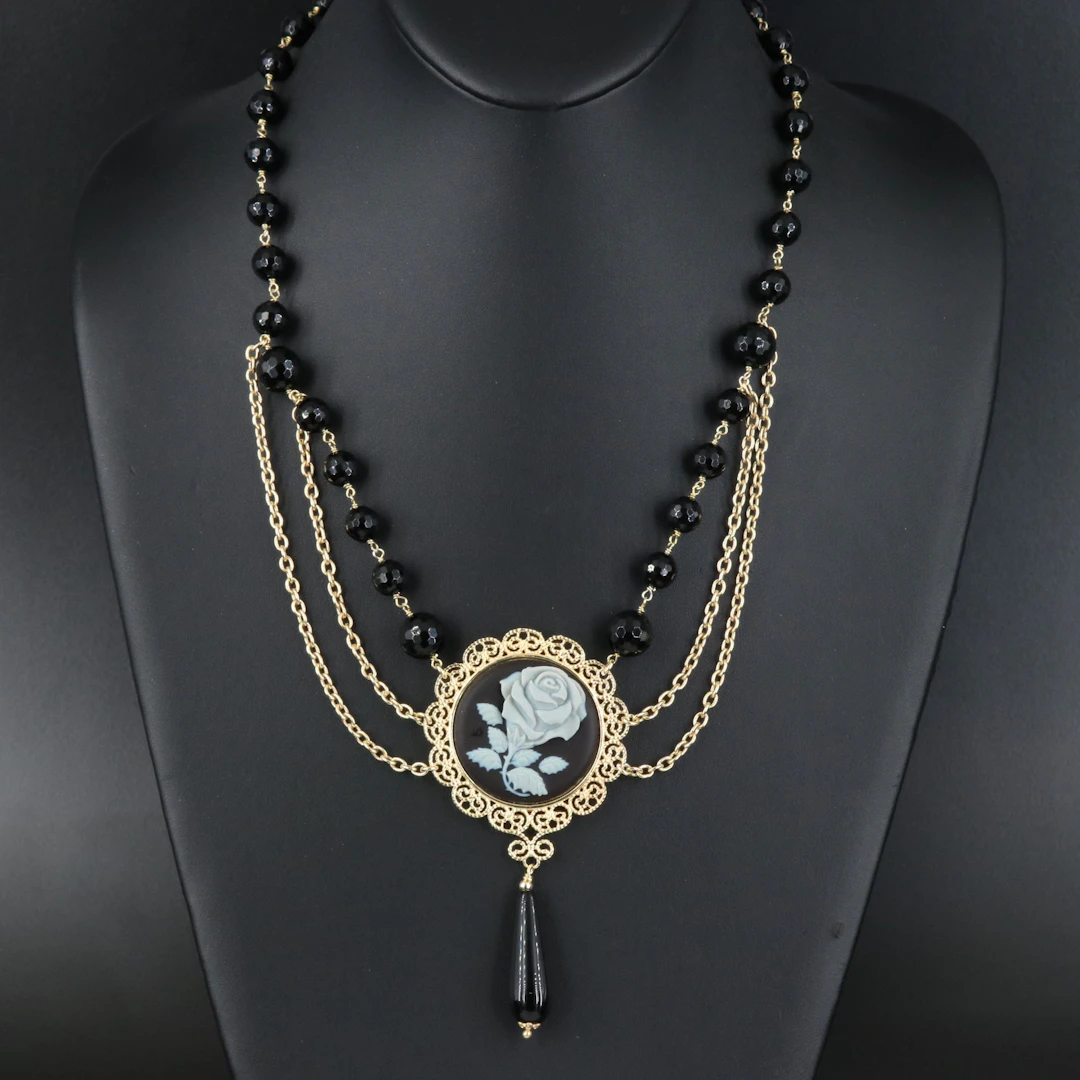 Braccialini Sterling Black Onyx and Porcelain Rose Cameo Festoon Necklace
