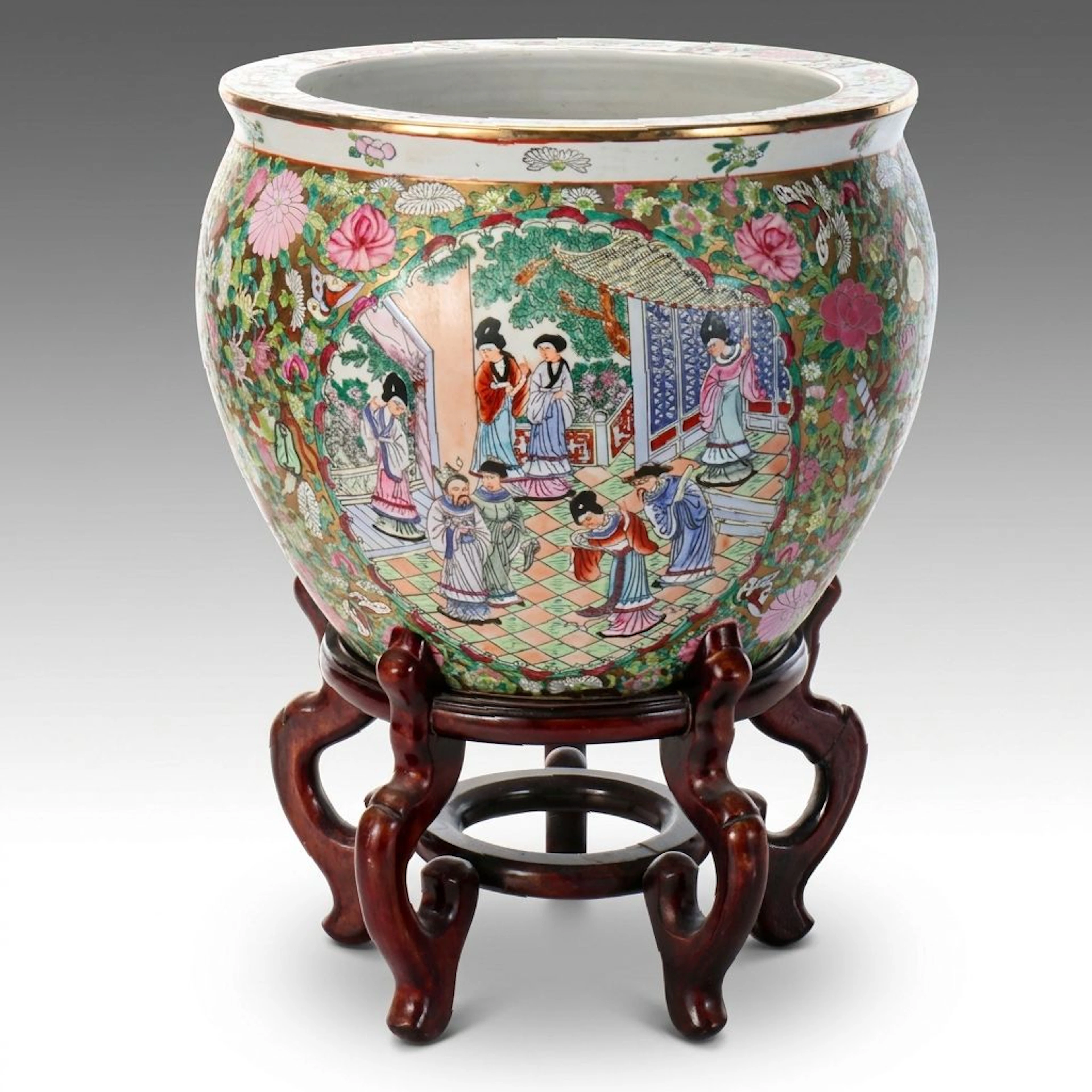 Chinese Rose Medallion Hand-Painted Porcelain Fishbowl Planter on Wood Stand