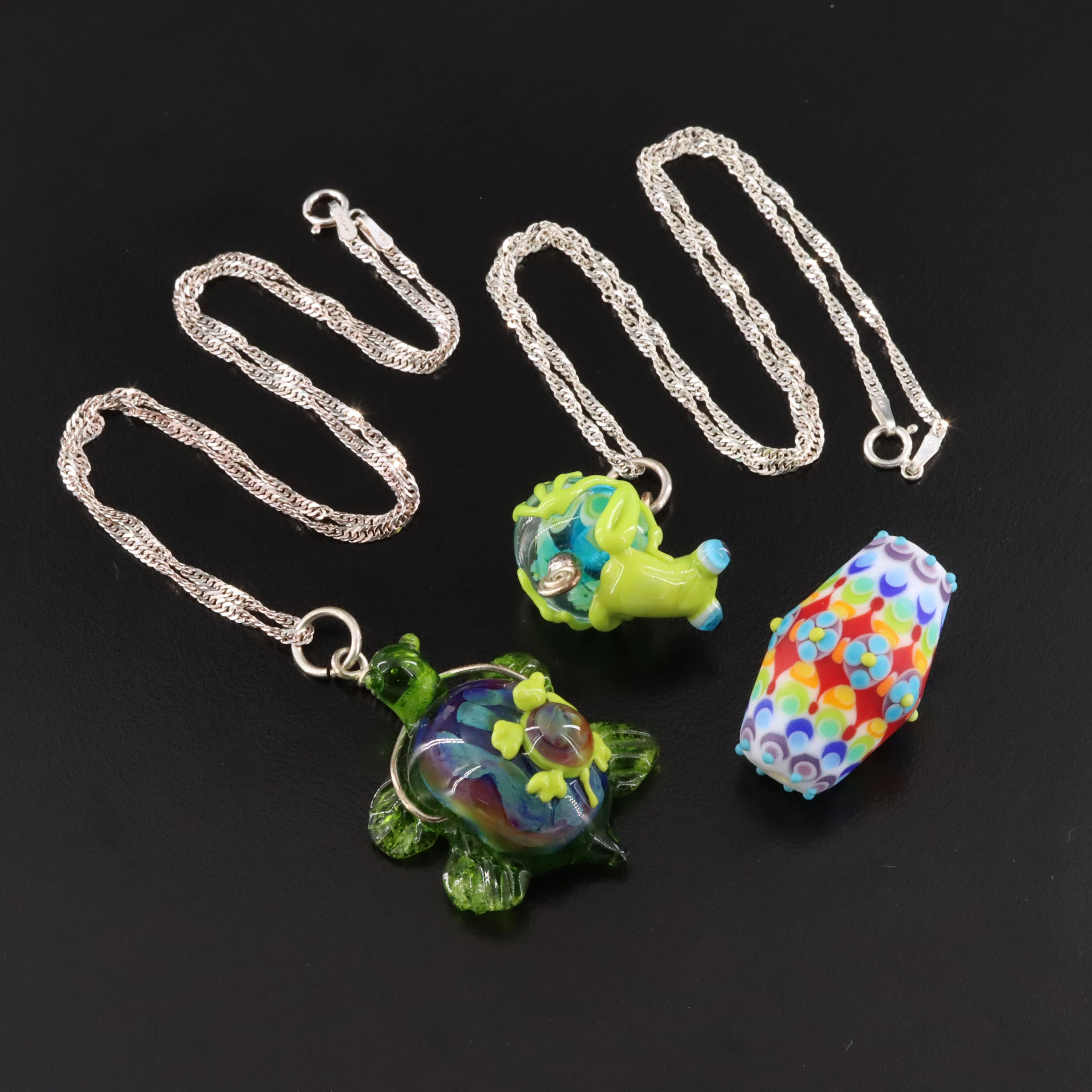 Sterling Lampwork Glass Turtle and Frog Necklaces and Floral Bead