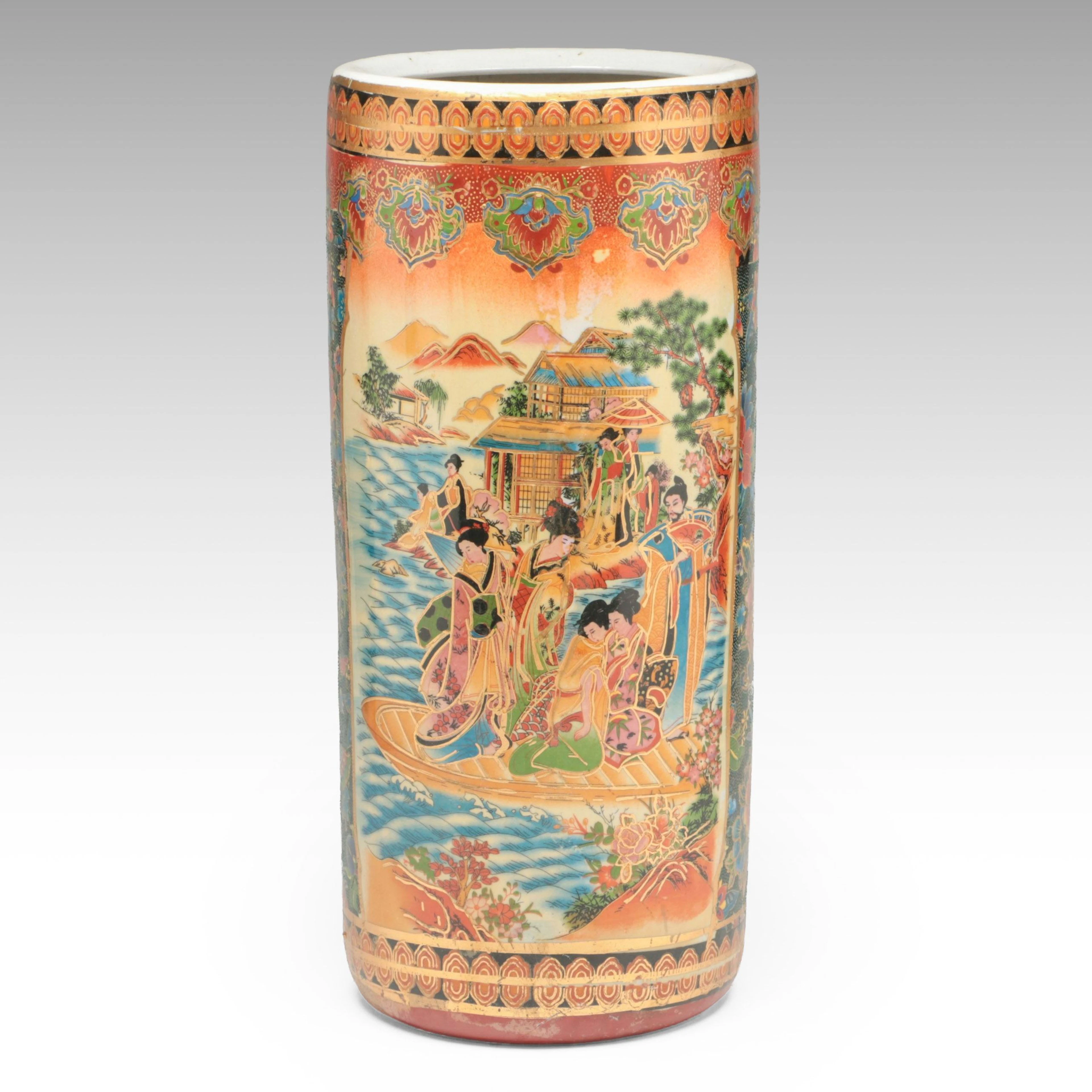 Japanese Satsuma Moriage Garden Scene Porcelain Vase, Vintage