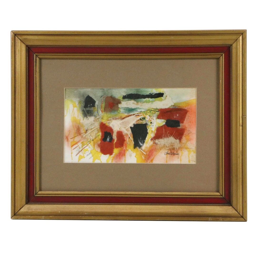 Charles E. Barnes Abstract Mixed Media Collage Painting, Circa 1950