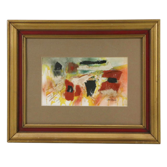 Charles E. Barnes Abstract Mixed Media Collage Painting, Circa 1950