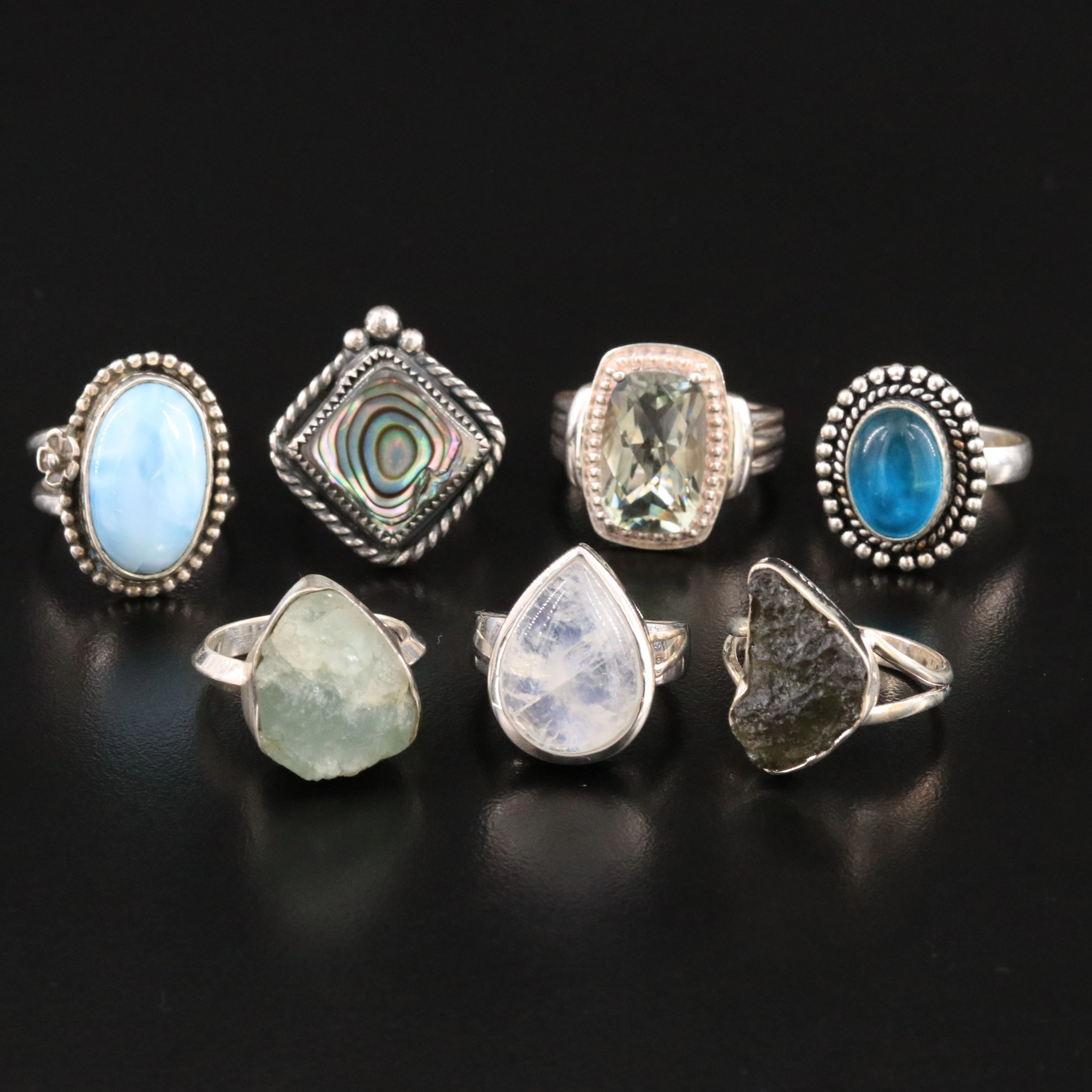 Rainbow Moonstone, 999 Silver and Abalone Featured in Sterling Rings