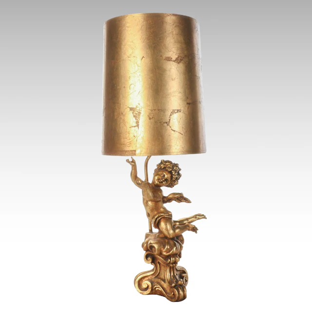 Hollywood Regency Style Gilt Finish Putto Lamp and Drum Shade