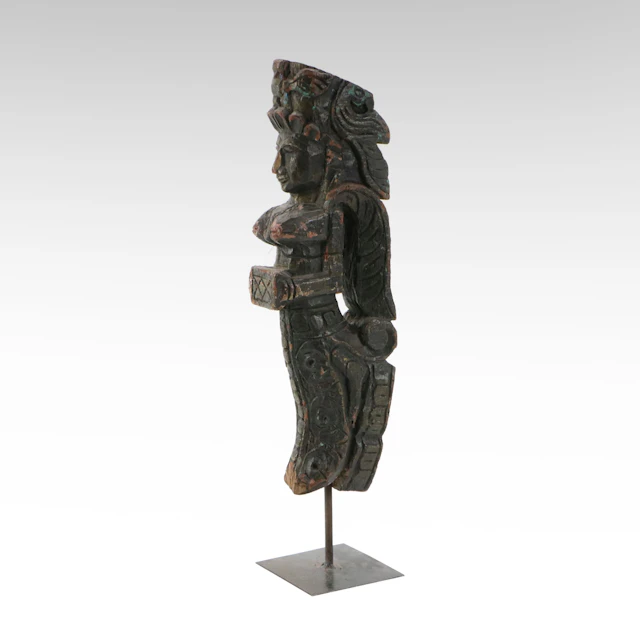 Indian School Hand-Carved Wooden Temple Strut with Female Figure