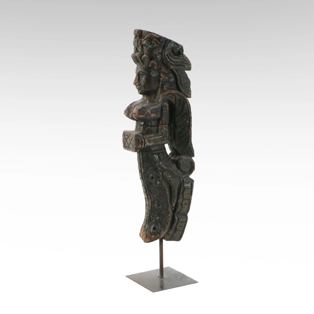 Indian School Hand-Carved Wooden Temple Strut with Female Figure