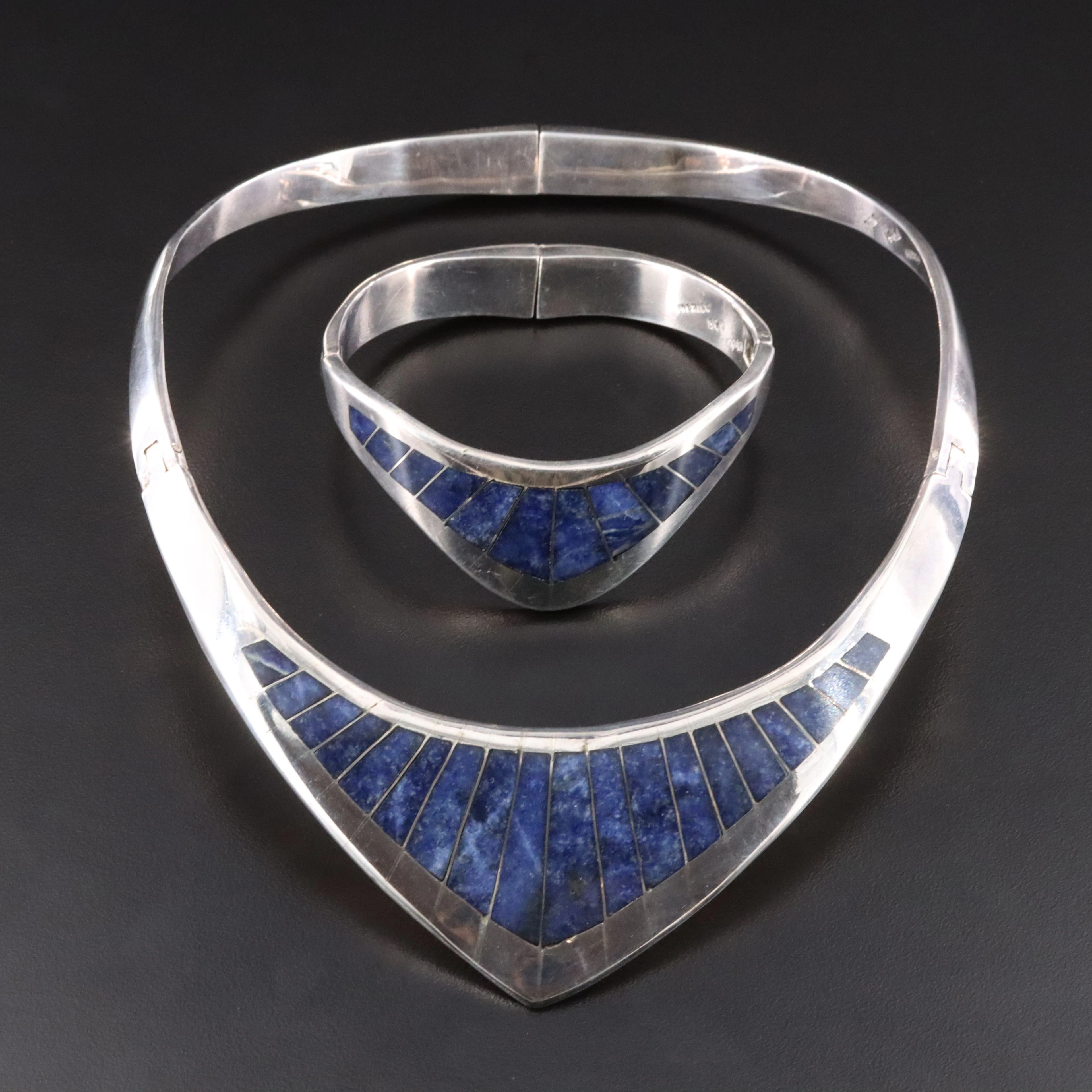Taxco, Mexico Sterling Sodalite Inlay Collar Necklace & Bracelet