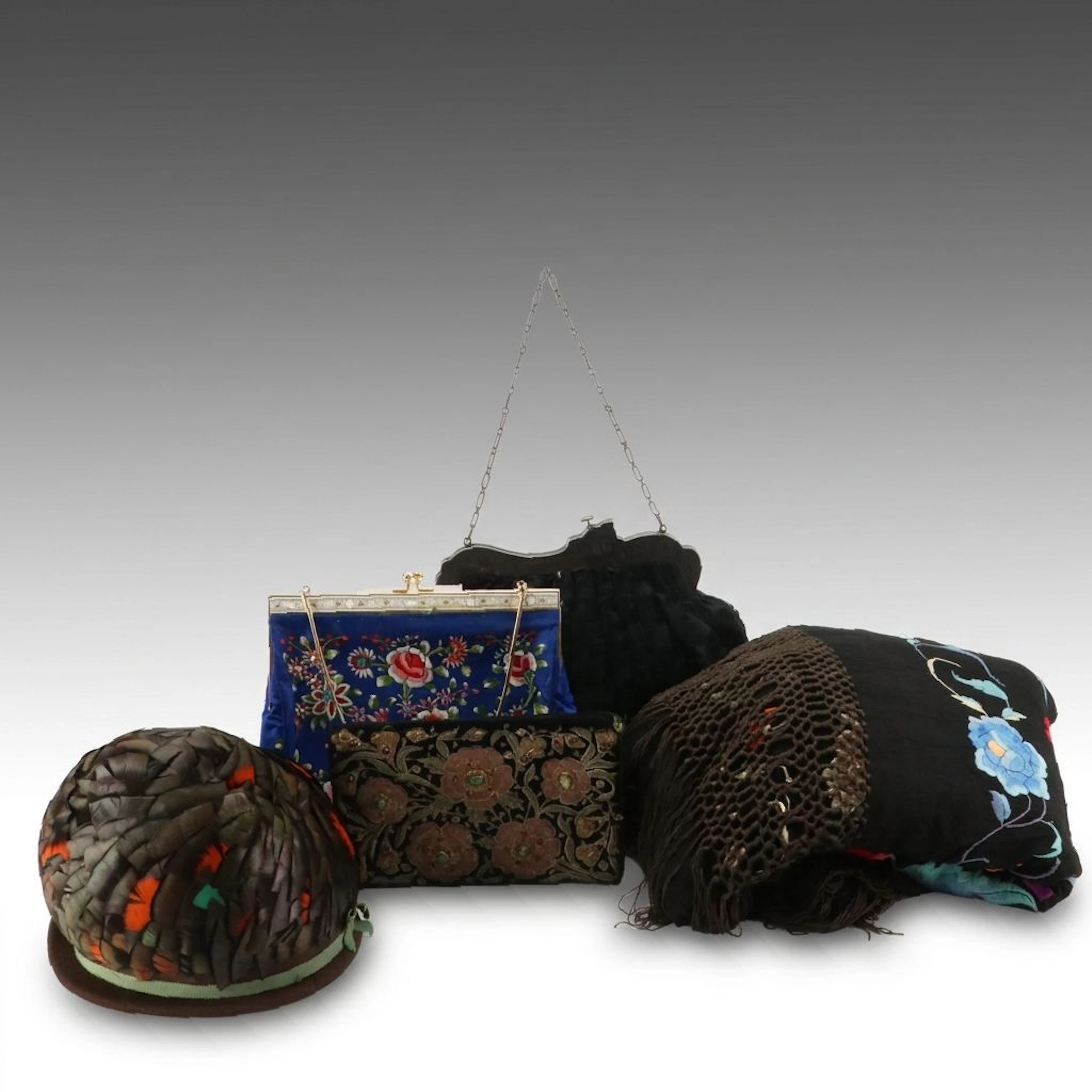 Vintage Feathered Cloche Hat, Floral Embroidered Piano Shawl & Evening Bags