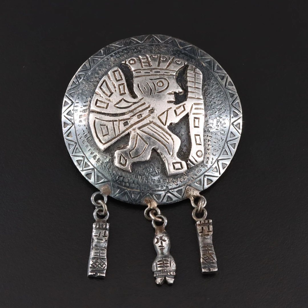 South American Style 900 Silver Mayan Brooch