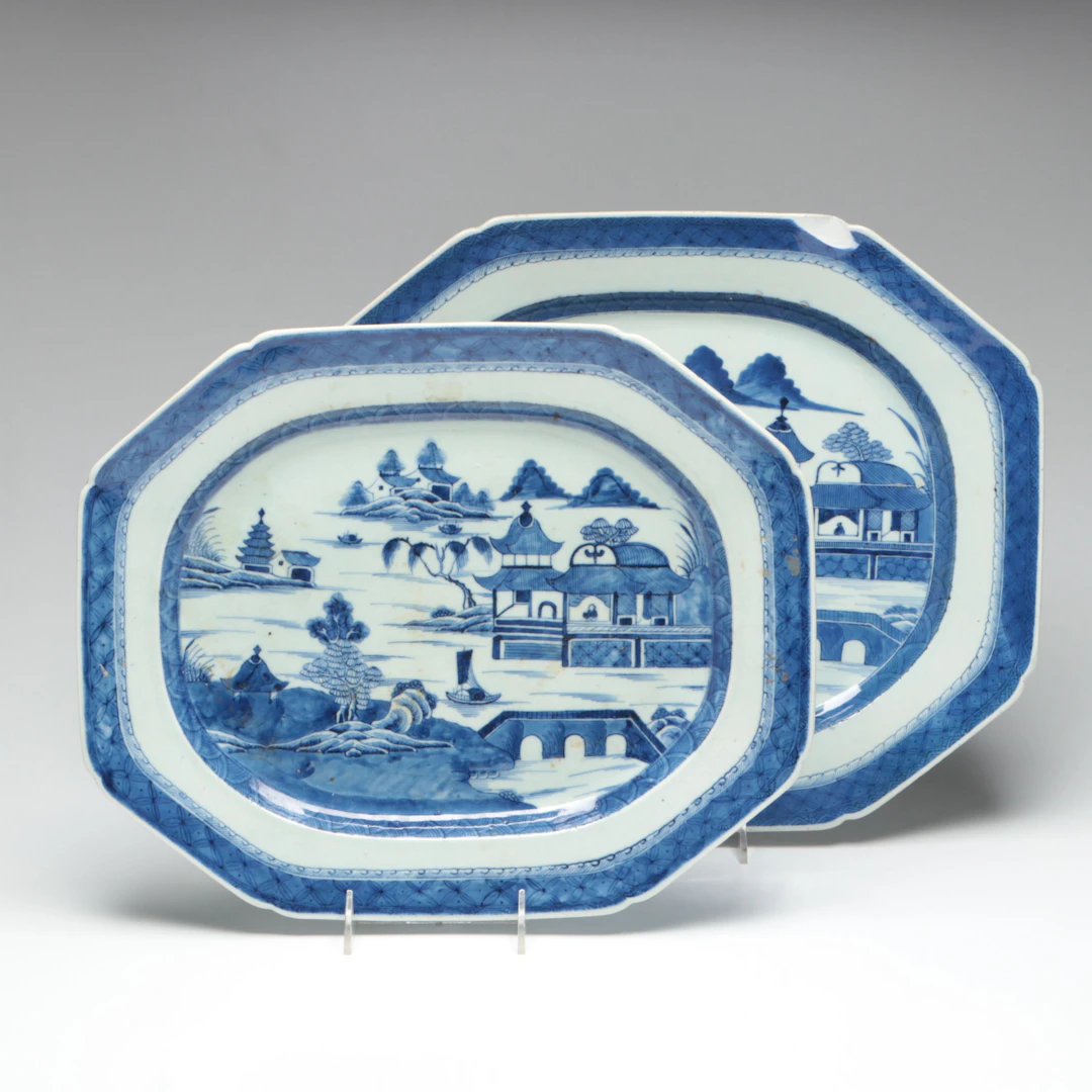 Chinese Export Canton Blue Porcelain Platters, Antique