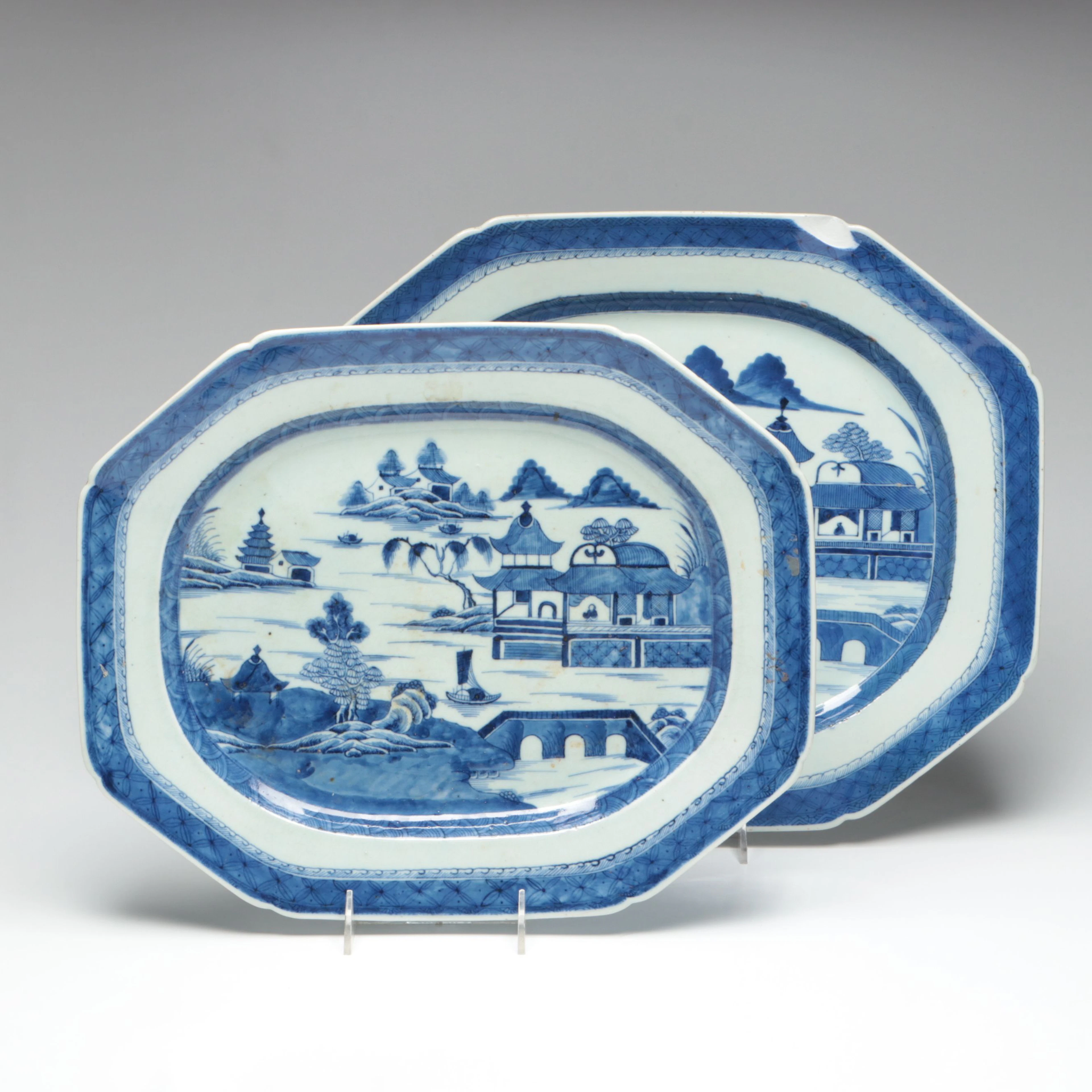 Chinese Export Canton Blue Porcelain Platters, Antique