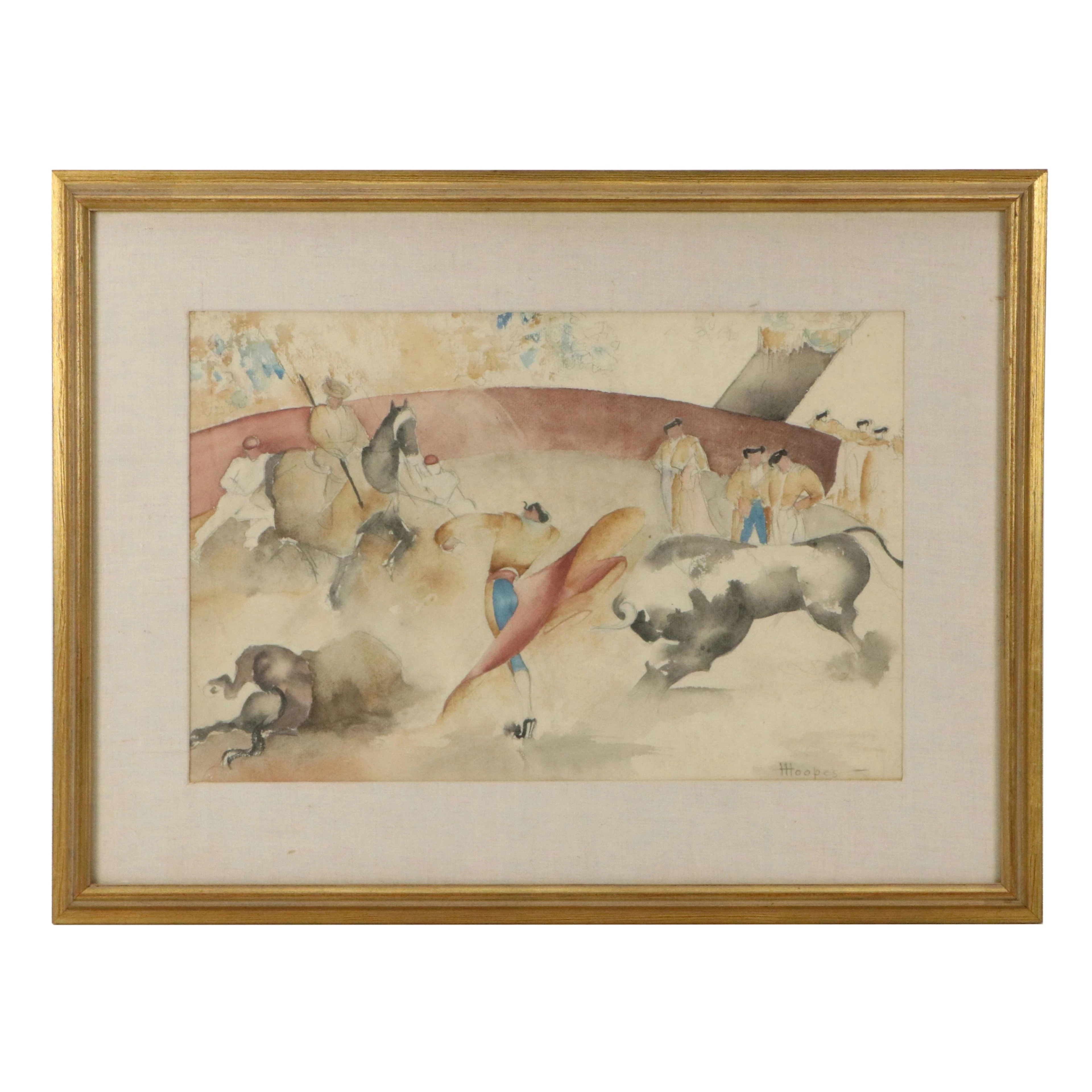 Henrietta Hoopes Watercolor Painting of Bullfight