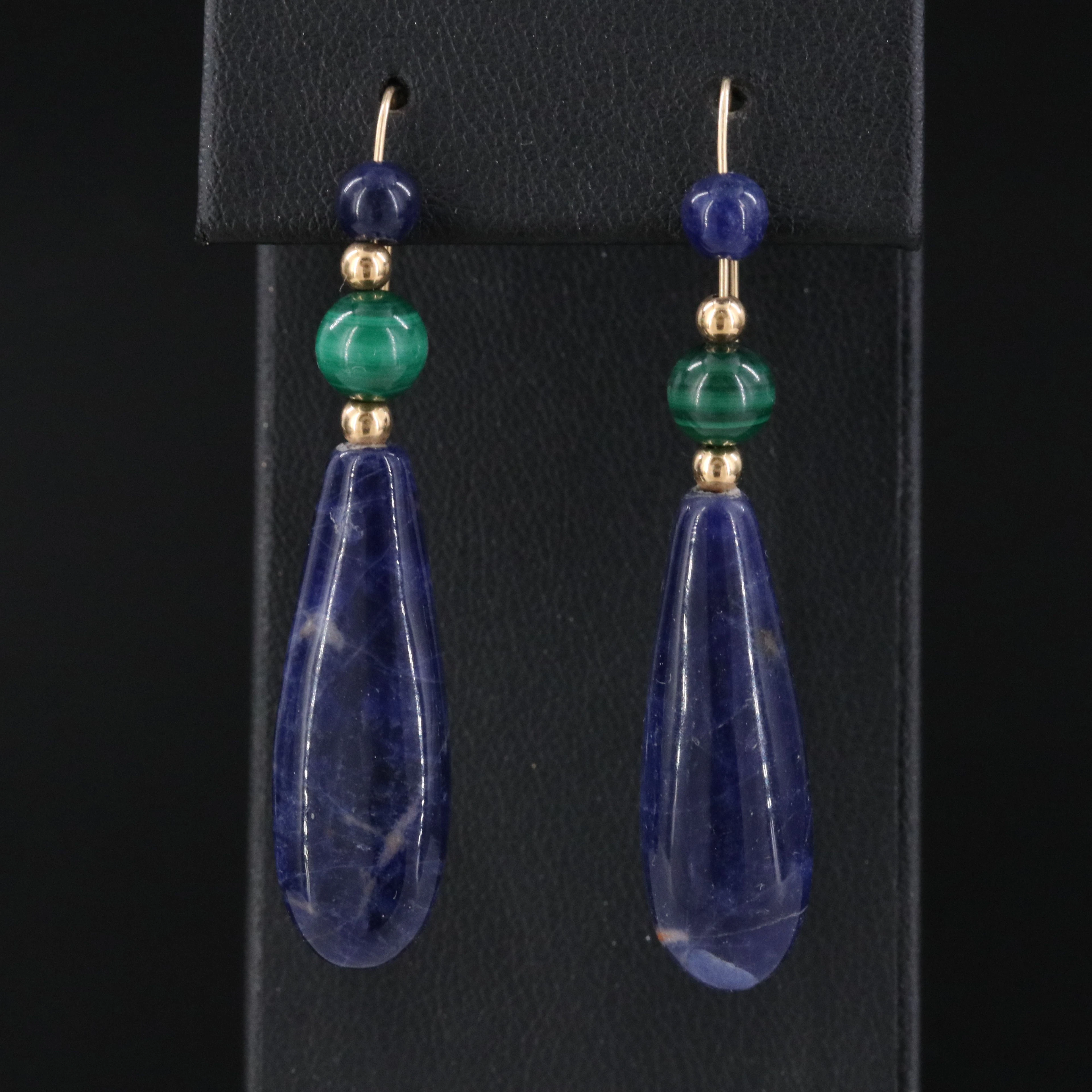 14K Sodalite and Malachite Drop Earrings