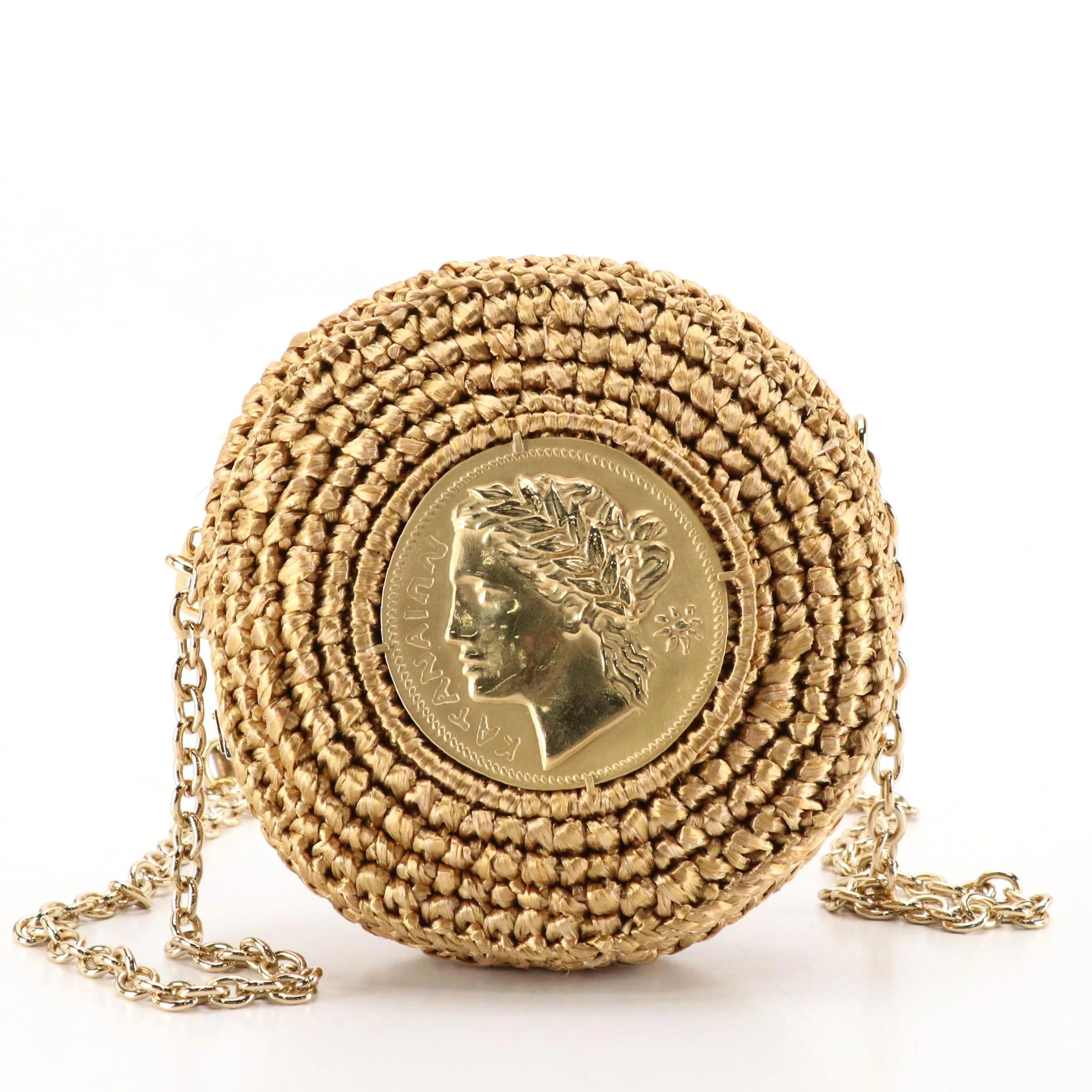 Dolce & Gabbana Katanaian Coin Crossbody Bag in Woven Straw & Metallic Leather
