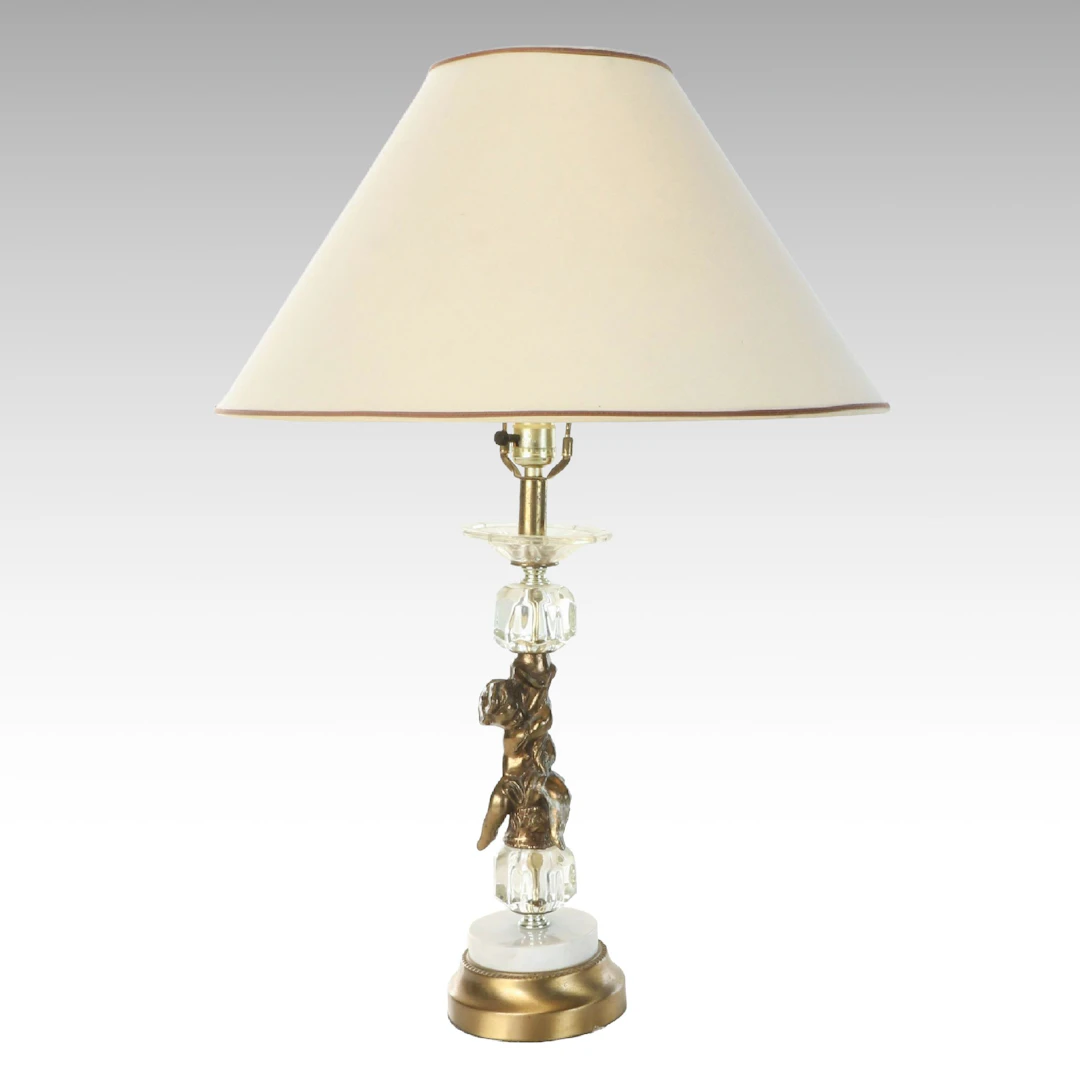 Hollywood Regency Gilt Metal and Glass Putto Table Lamp